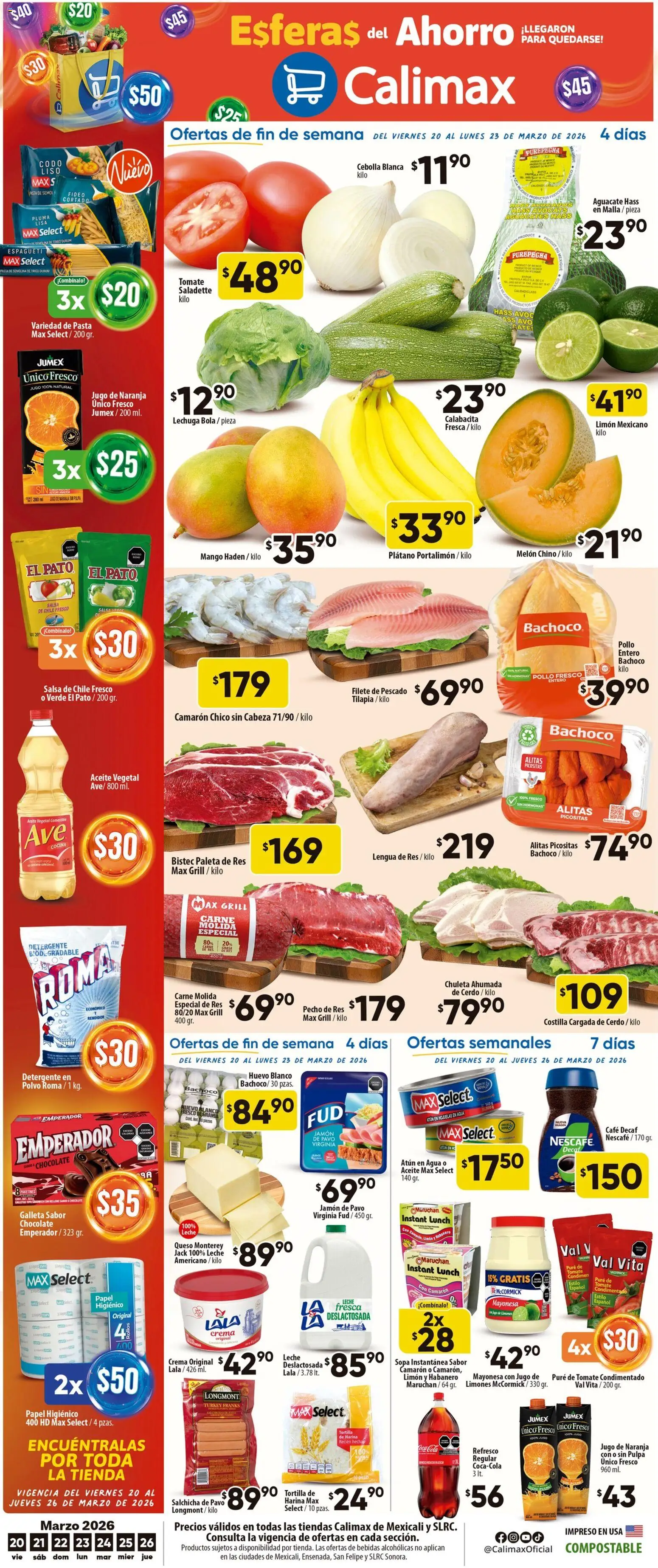 Nuevas ofertas de Calimax válidas en toda la República Mexicana desde el 20.03.2026. ¡Encuentra las mejores ofertas en Calimax folleto Mexicali y SLRC! | Página: 1 | Productos: Mayonesa, Salchicha, Limón, Galletas