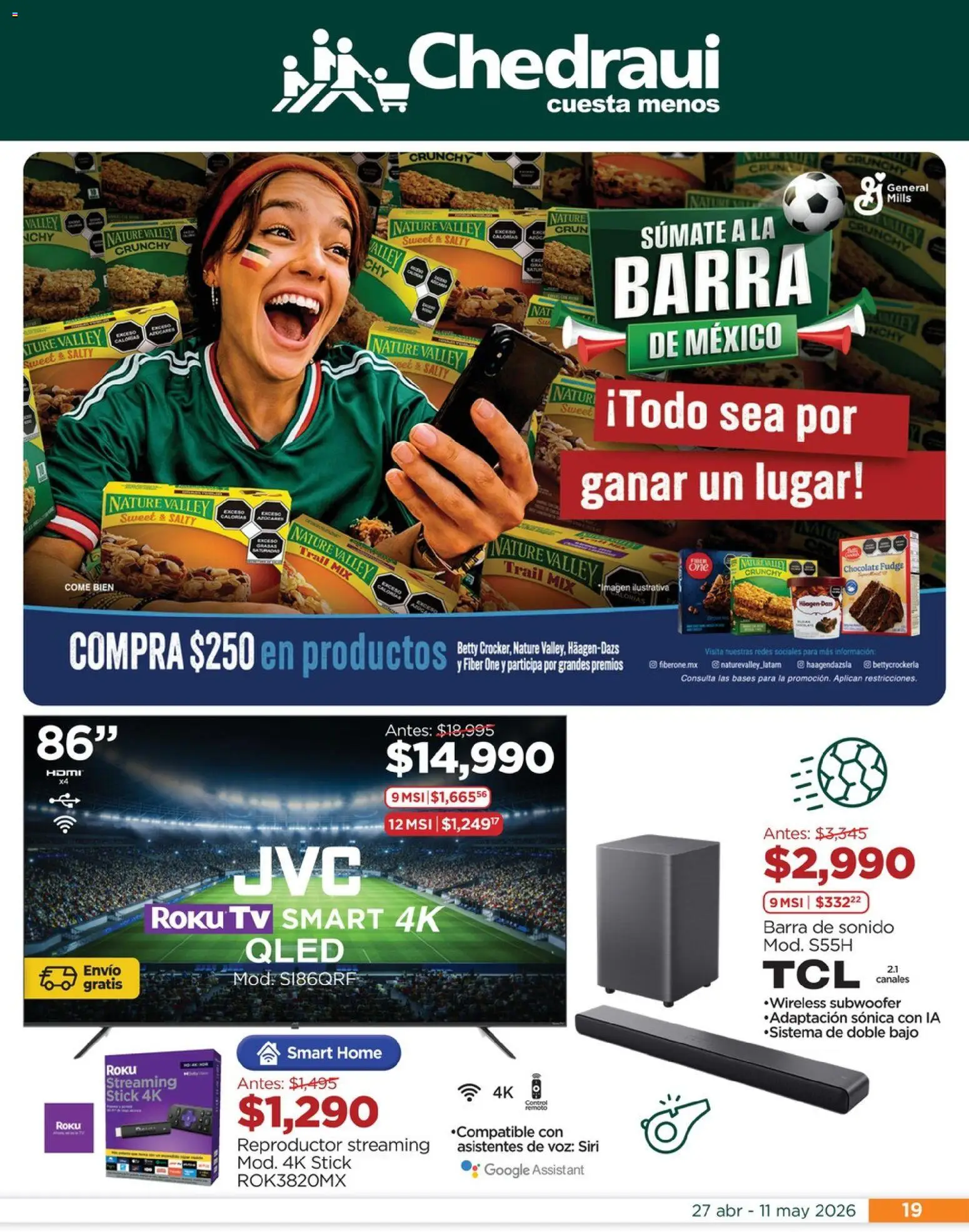 Nuevas ofertas de Chedraui válidas en toda la República Mexicana desde el 27.04.2026. ¡Encuentra las mejores ofertas en Chedraui folleto Mejor para festejar a mamá! | Página: 19 | Productos: Chocolate, Reproductor, Control remoto, Barra
