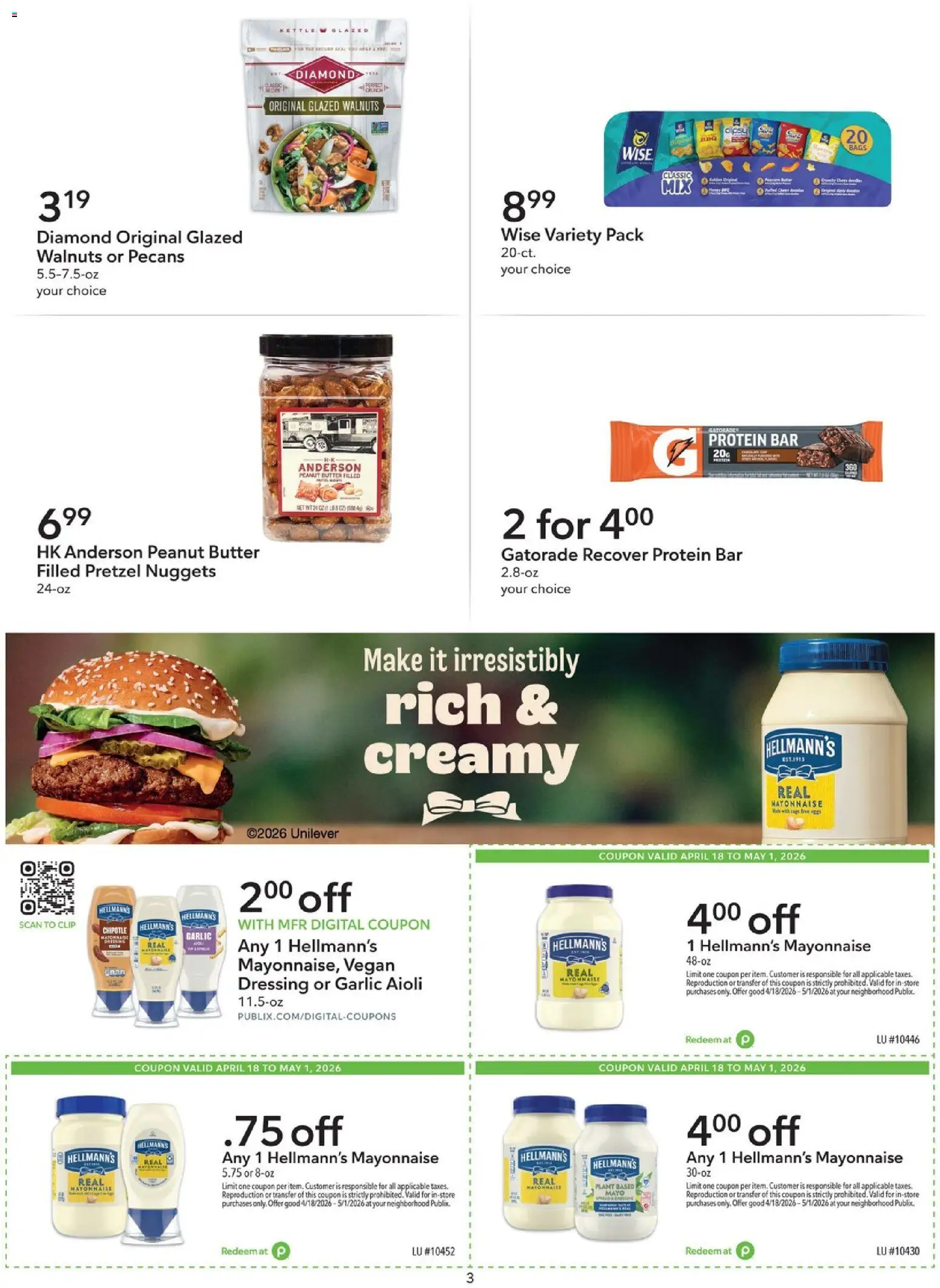 Publix Extra Savings - valid from 18.04.2026 | Page: 3 | Products: Butter, Mayonnaise, Garlic, Kettle