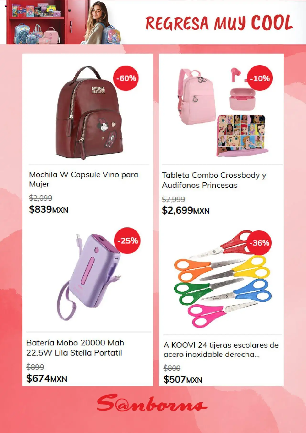 Nuevas ofertas de Sanborns válidas en toda la República Mexicana desde el 15.08.2025. ¡Encuentra las mejores ofertas en Sanborns catálogo! | Página: 4 | Productos: Mochila, Mouse, Audífonos, Batería