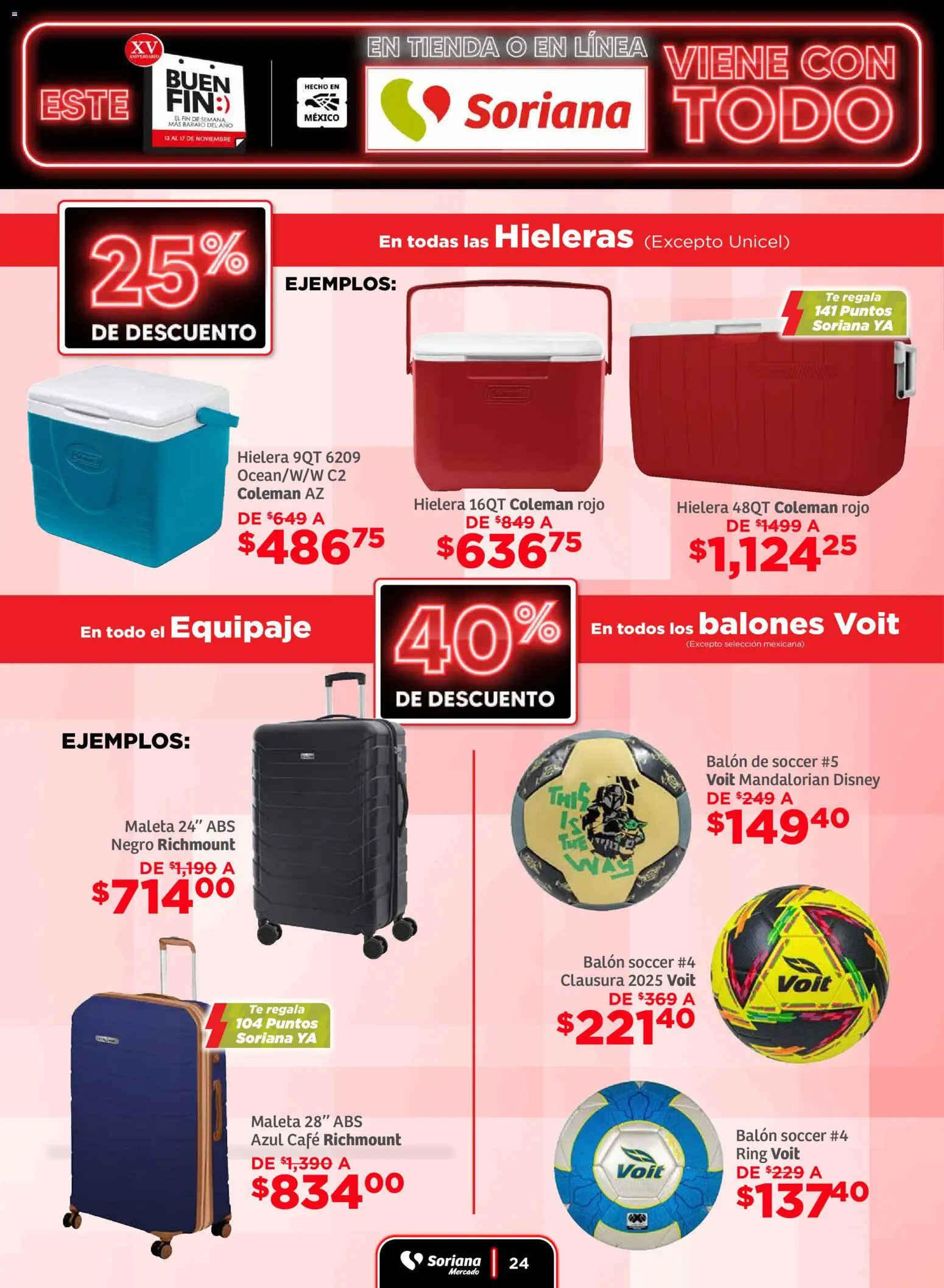 Nuevas ofertas de Soriana válidas en toda la República Mexicana desde el 13.11.2025. ¡Encuentra las mejores ofertas en Soriana - Buen Fin Mercado Frontera! | Página: 24 | Productos: Maleta, Café, Hielera, Té