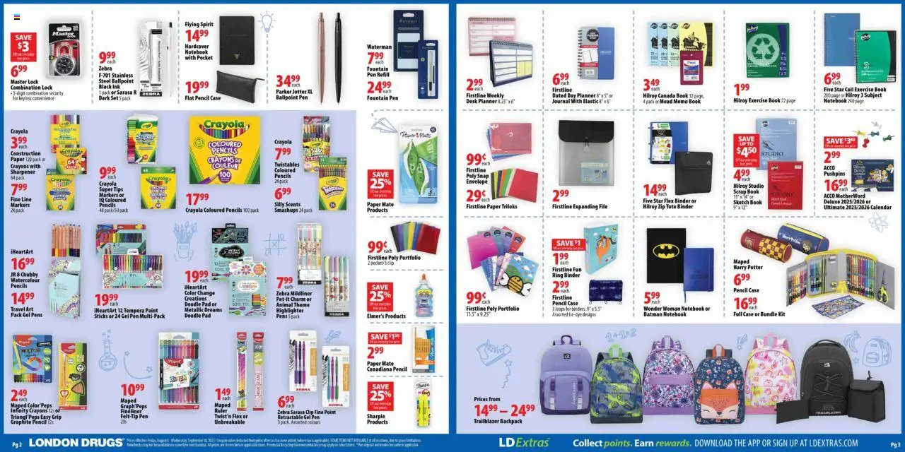 London Drugs flyer valid from 08.08.2025 | Page: 2 | Products: Notebook, Case, Highlighter, Soap