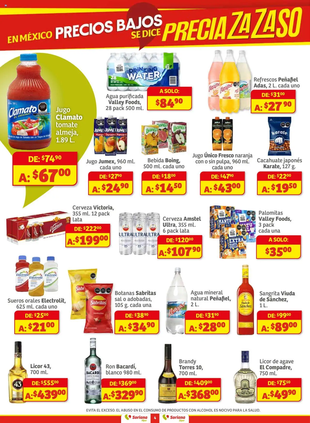 Nuevas ofertas de Soriana válidas en toda la República Mexicana desde el 18.09.2025. ¡Encuentra las mejores ofertas en Soriana - Preciazazaso Híper: Edo Mex, Gro, Hgo, Mor, Pue, Qto, Tlax, Ver! | Página: 4 | Productos: Durazno, Sal, Jugo, Cerveza