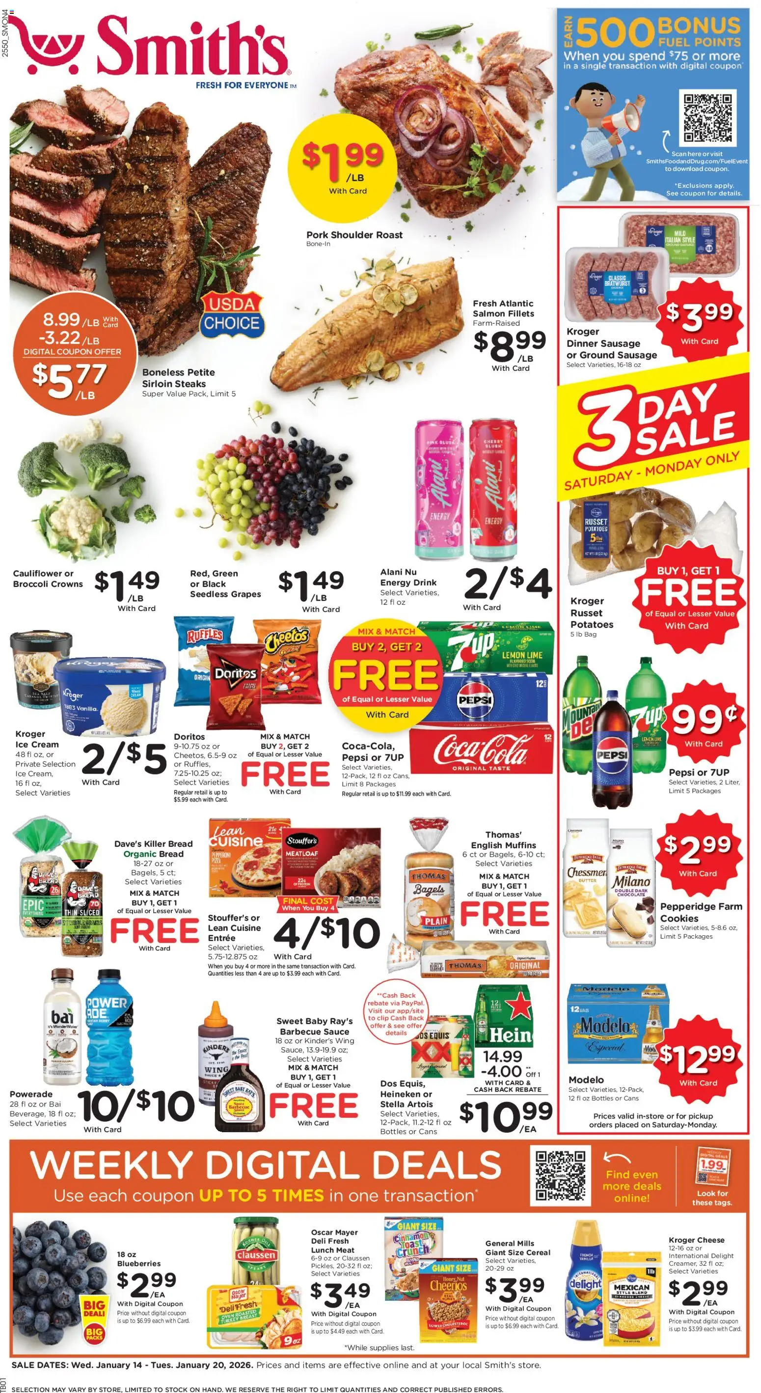 Smith's Weekly Ad - valid from 14.01.2026 | Page: 1 | Products: Cheese, Bread, Ice cream, Potatoes