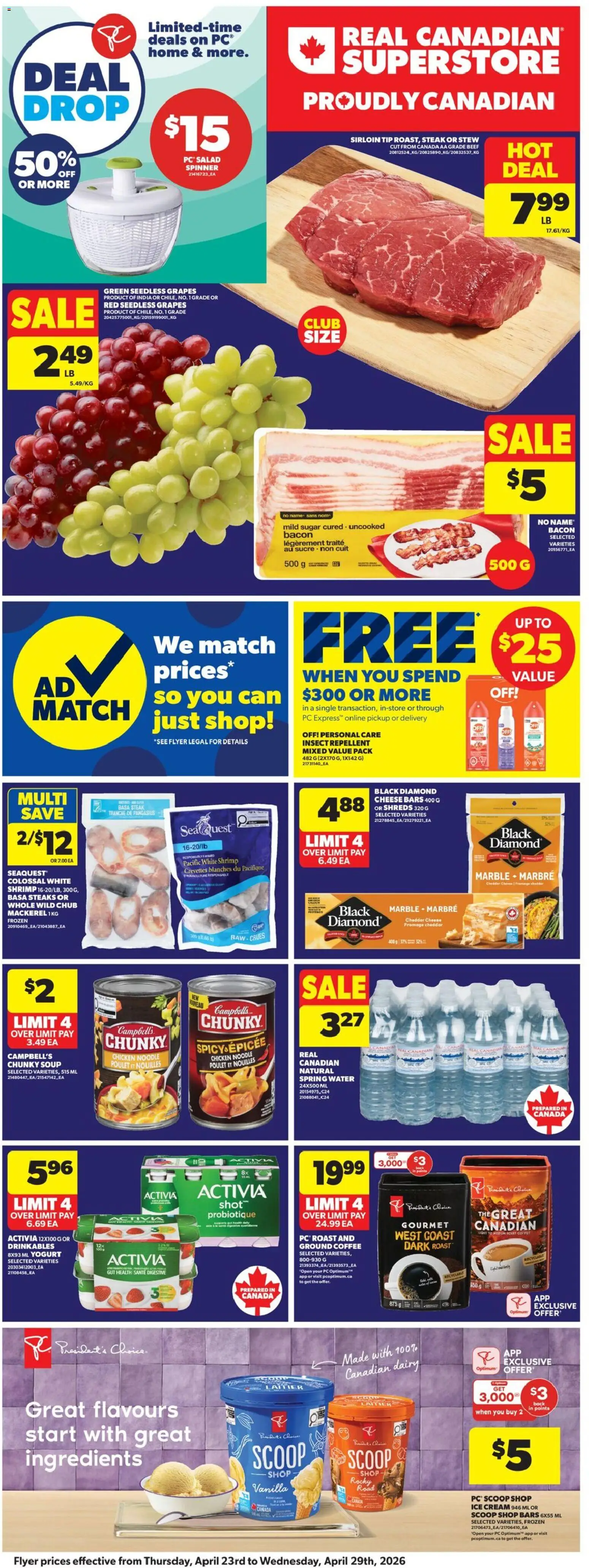Real Canadian Superstore flyer valid from 23.04.2026 | Page: 4 | Products: Ice cream, Yogurt, Coffee, Chicken