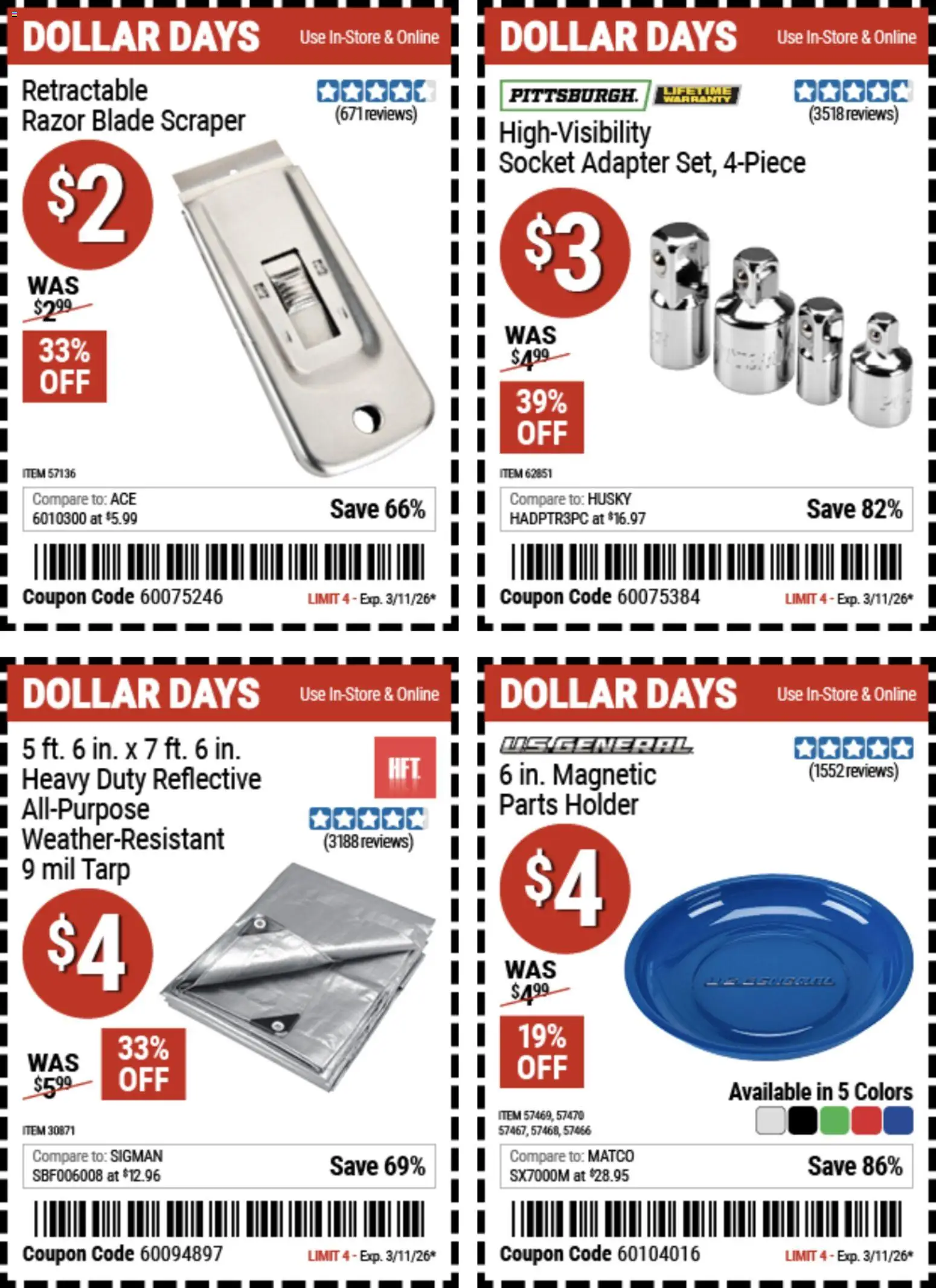 Harbor Freight Dollar Days - valid from 26.02.2026 | Page: 1 | Products: Socket, Razor Blade, Adapter