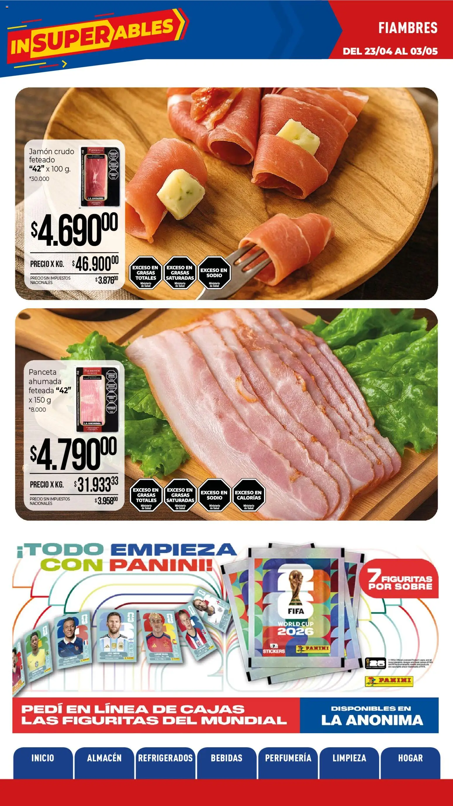 La Anonima catálogo │ válido desde el 23.04.2026 | Página: 4 | Productos: Sobre, Jamón crudo, Panceta, Jamón
