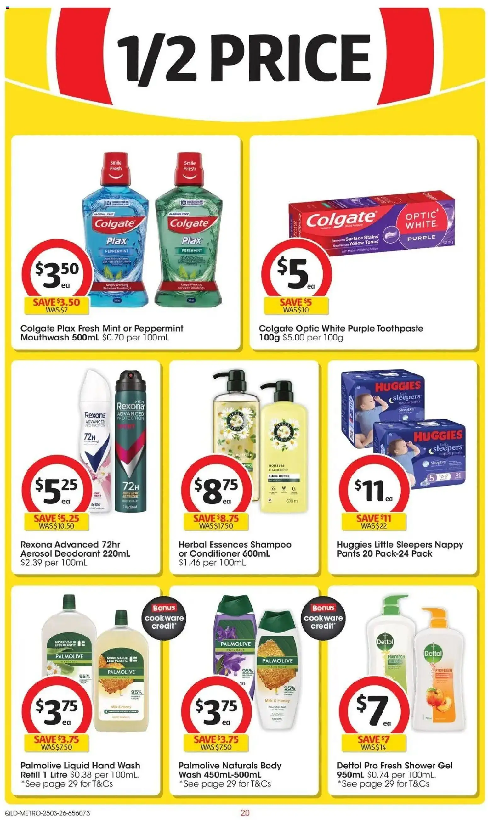 Coles catalogue - valid from 24.03.2026 | Page: 20 | Products: Shower gel, Cookware, Toothpaste, Mouthwash
