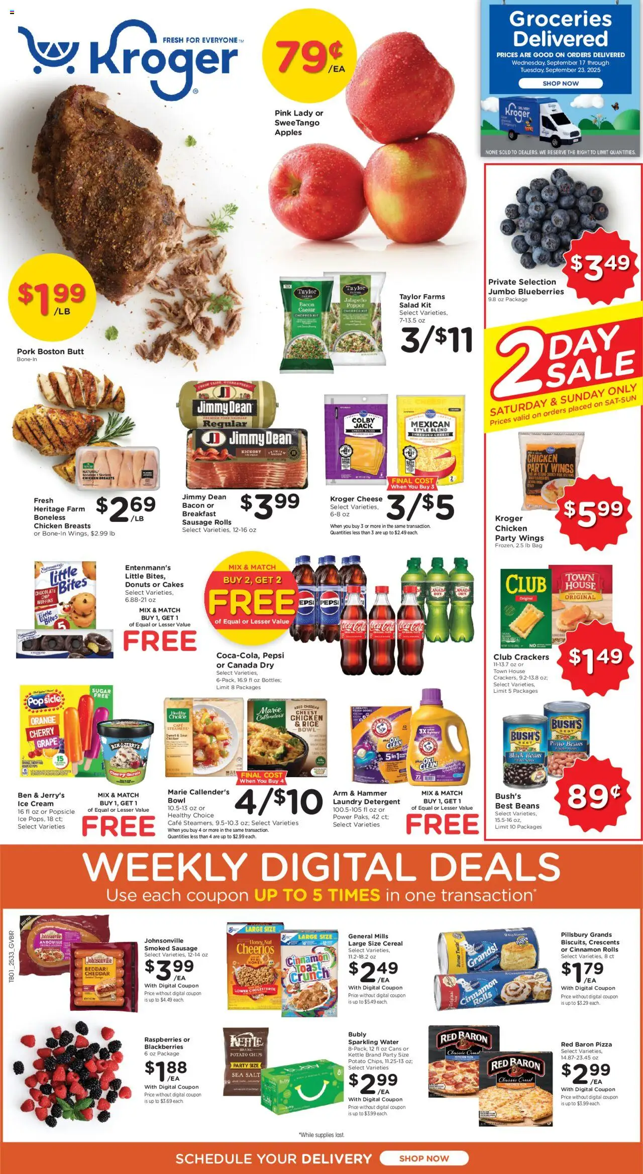 Kroger Ad - valid from 17.09.2025 | Page: 1 | Products: Pizza, Pork, Detergent, Chips