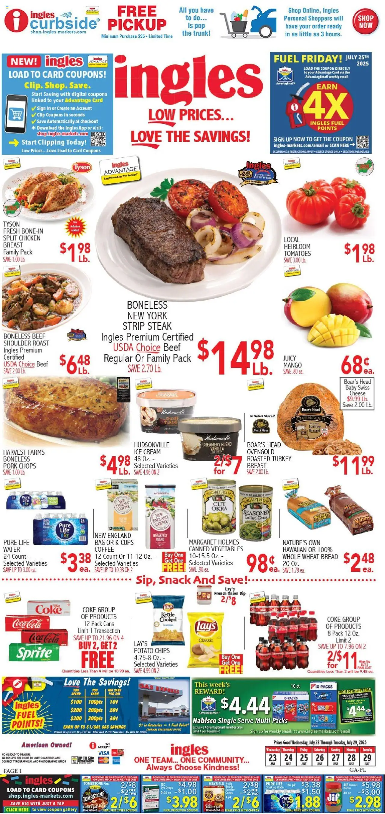 Ingles Weekly Ad - valid from 23.07.2025 | Page: 1 | Products: Coffee, Pork, Cream, Kettle