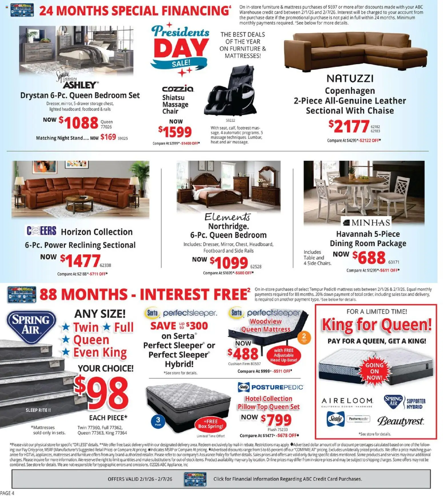 ABC Warehouse Weekly Ad - valid from 01.02.2026 | Page: 4 | Products: Bedroom set, Chair, Night Stand, Date
