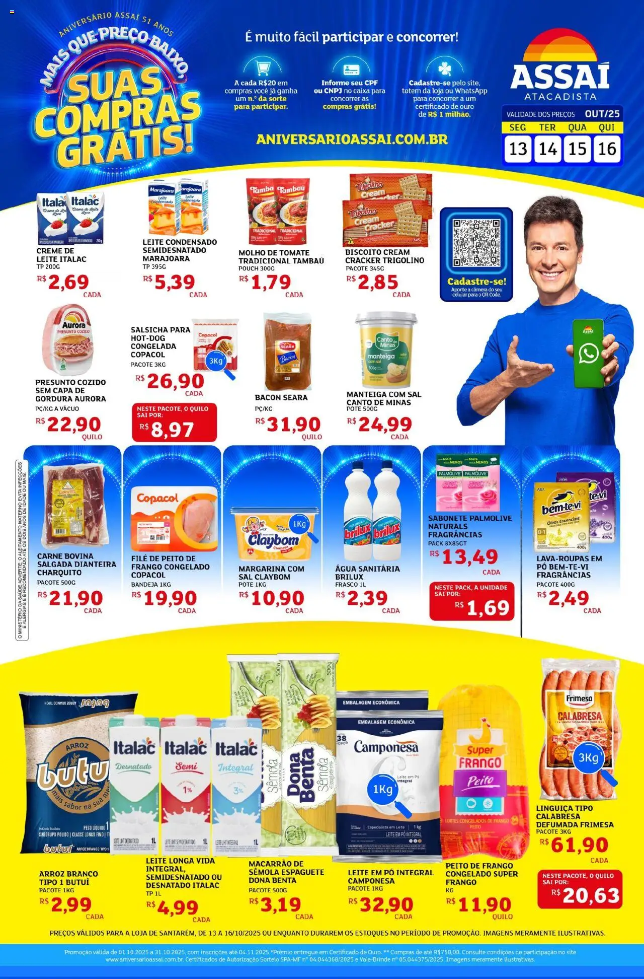 Assaí Atacadista Folheto - válido de 13.10.2025 | Página: 1 | Produtos: Macarrão, Carne, Sabonete, Peito de frango