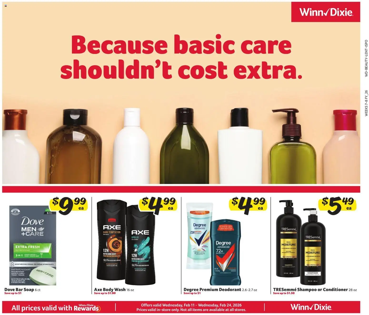Winn Dixie In-Store Flyer - valid from 11.02.2026 | Page: 1 | Products: Conditioner, Deodorant, Bar Soap, Body Wash
