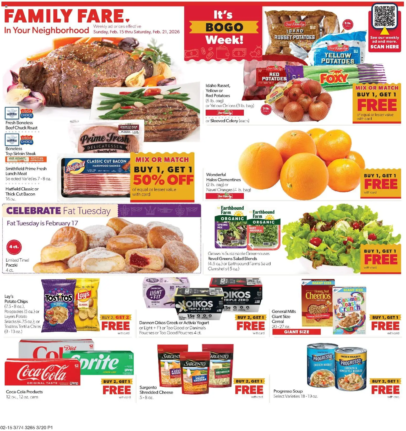 Family Fare Weekly Ad - IA - valid from 15.02.2026 | Page: 1 | Products: Cheese, Noodles, Chips, Potatoes