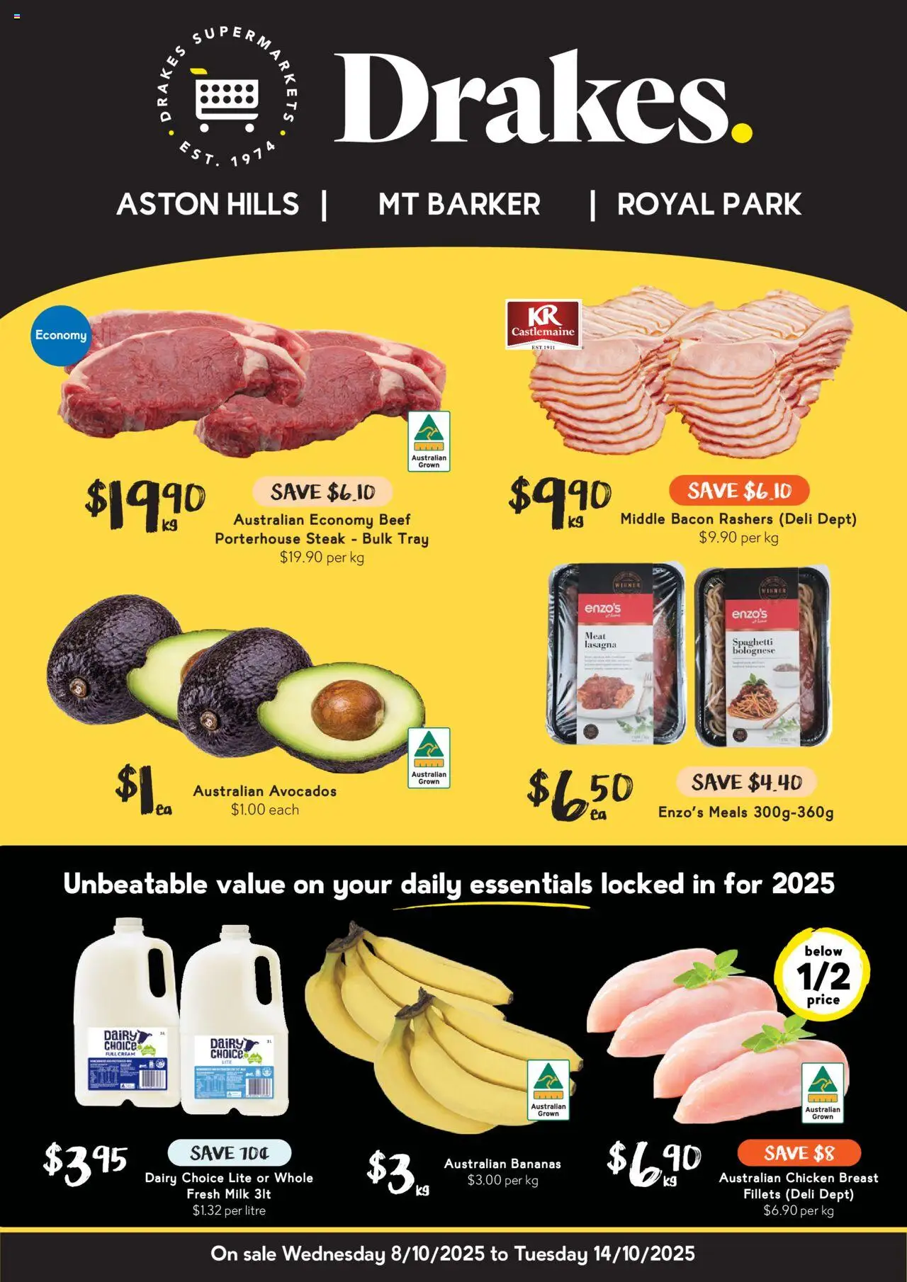 Drakes catalogue - valid from 08.10.2025 | Page: 1 | Products: Bacon, Milk, Bananas, Cream