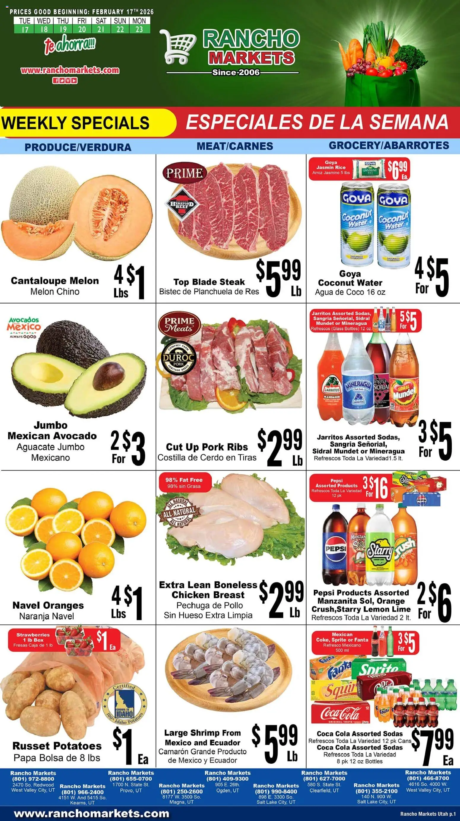 Rancho Markets Weekly Ad - valid from 17.02.2026 | Page: 1 | Products: Pork, Oranges, Avocado, Water