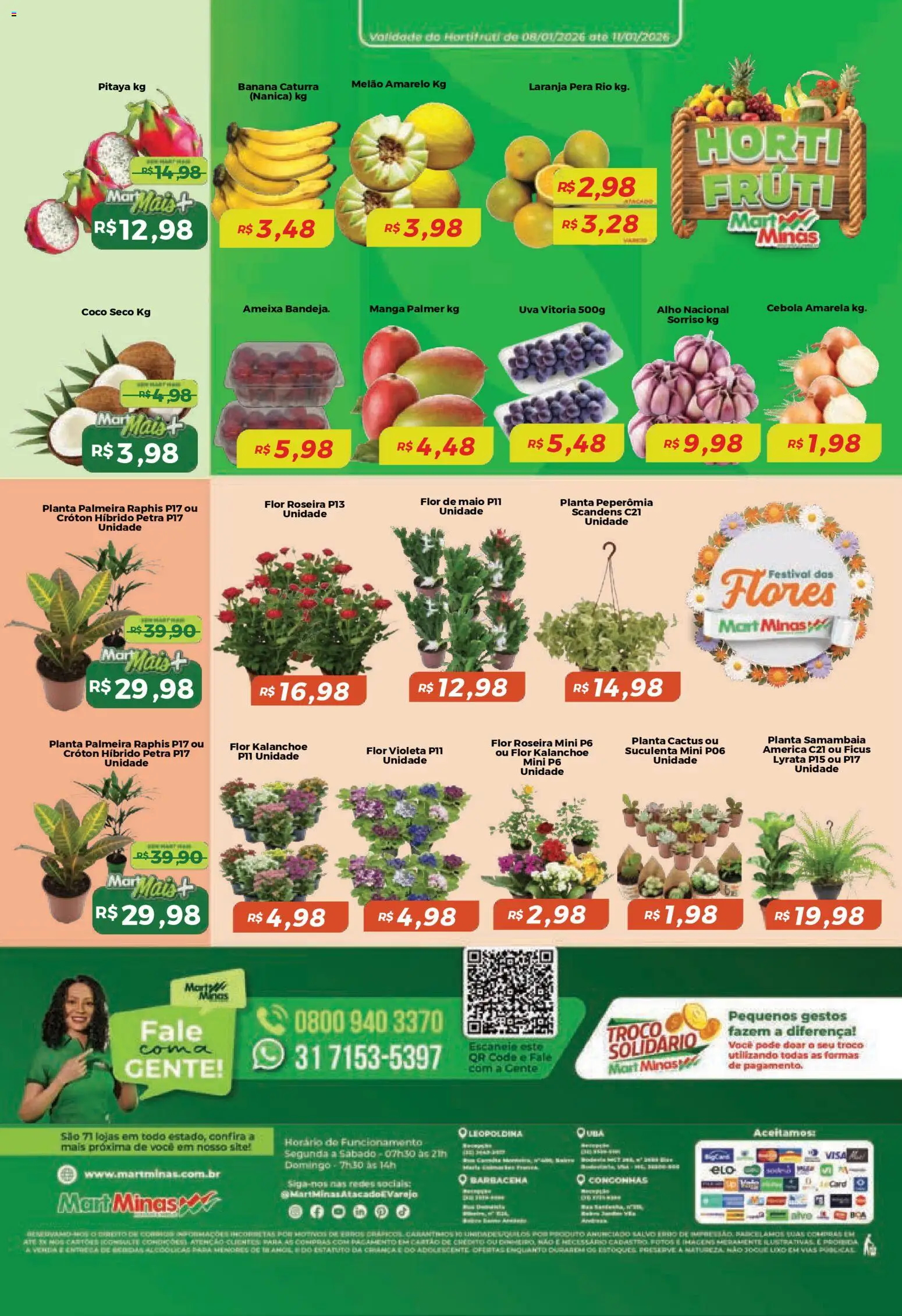 Mart Minas Folheto - válido de 08.01.2026 | Página: 8 | Produtos: Melão, Pera, Maiô, Flores
