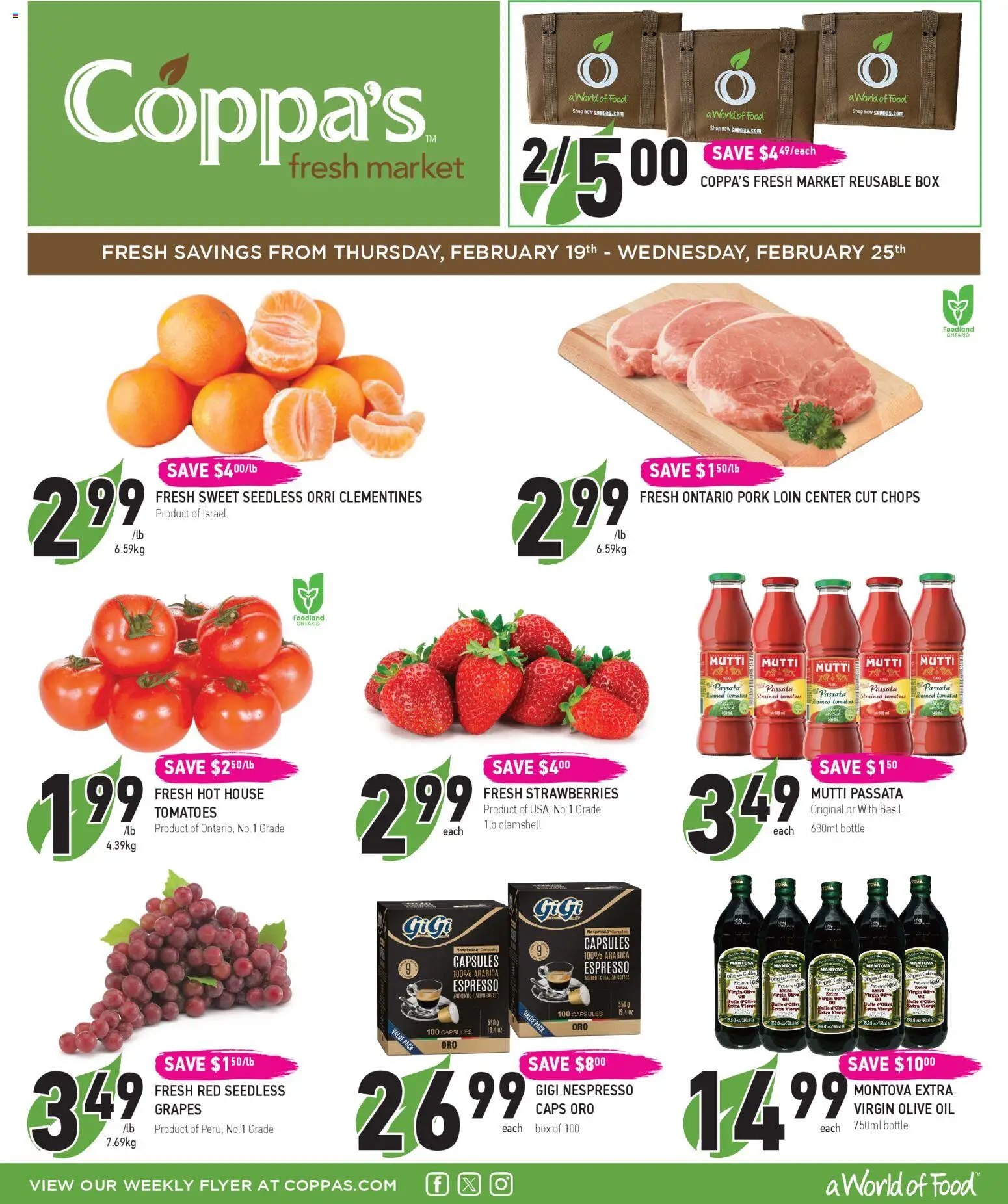 Coppas Fresh Market flyer valid from 19.02.2026 | Page: 1 | Products: Strawberries, Box, Coffee, Pork