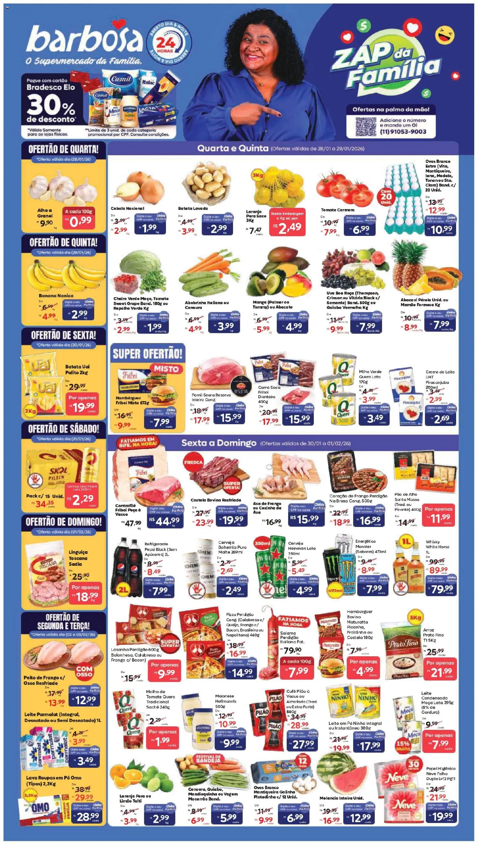 Barbosa Supermercados Folheto - válido de 28.01.2026 | Página: 1 | Produtos: Fraldinha, Pizza, Heineken, Monster