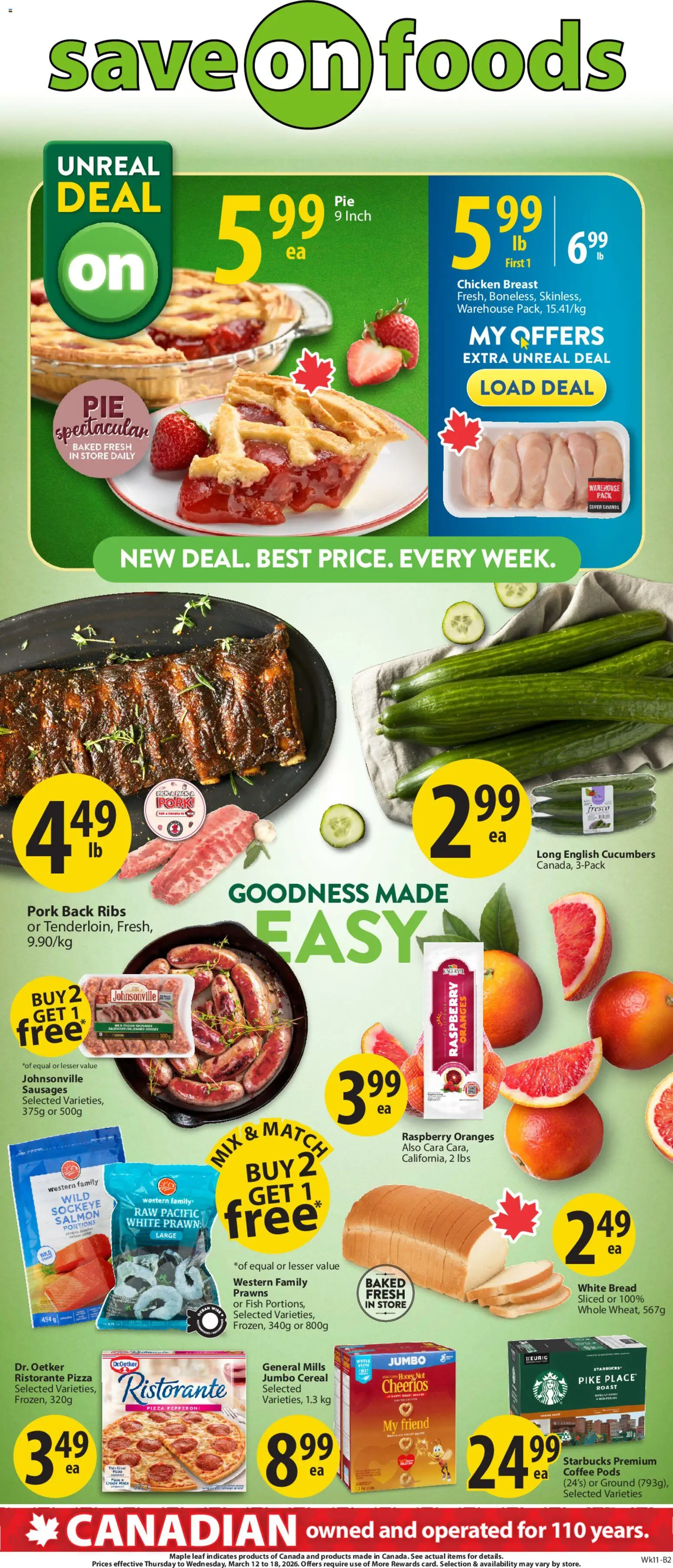 Save on foods flyer valid from 12.03.2026 | Page: 1 | Products: Cucumbers, Pizza, Chicken, Oranges