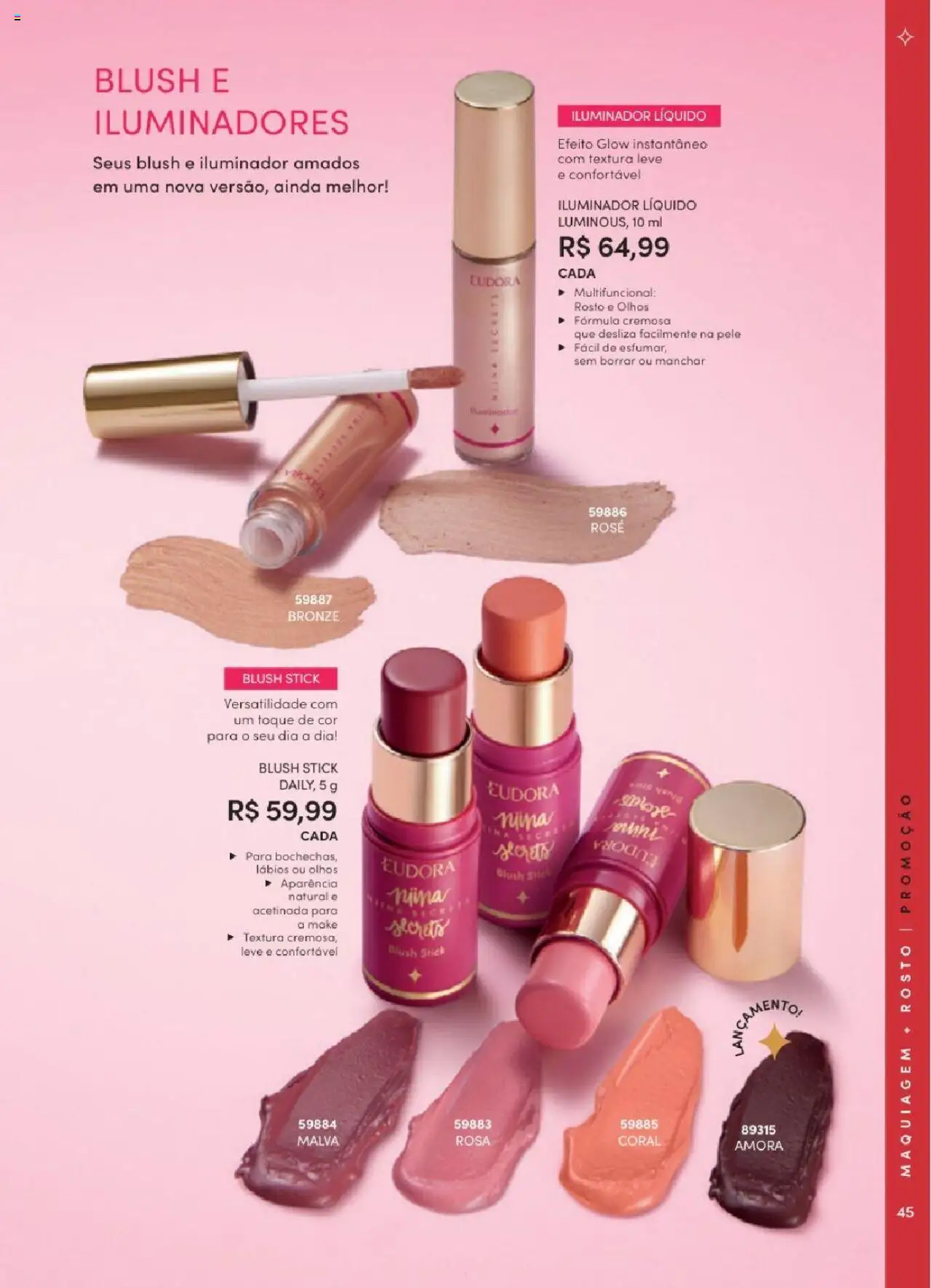 Eudora Folheto - válido de 06.06.2025 | Página: 45 | Produtos: Maquiagem, Blush, Multifuncional, Iluminador