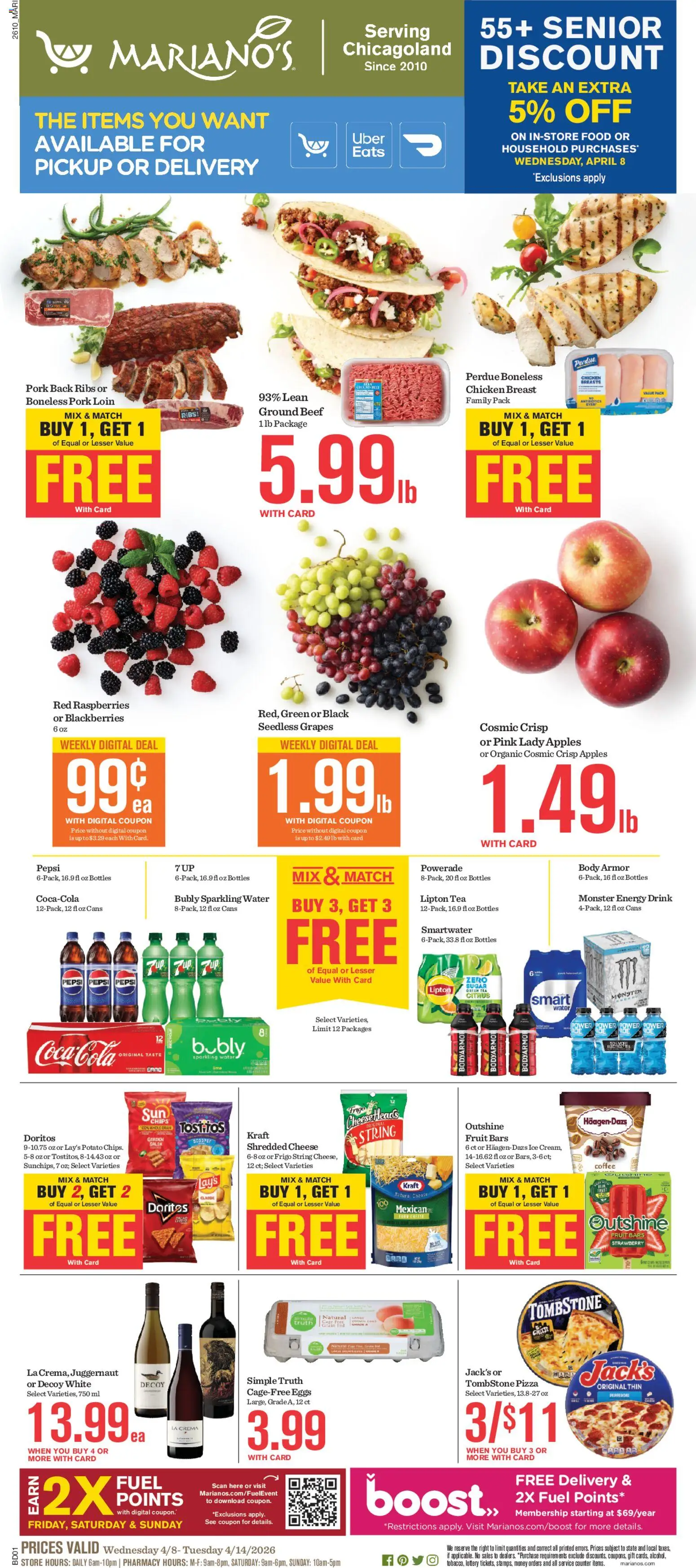 Mariano's Weekly Ad - valid from 08.04.2026 | Page: 1 | Products: Green Tea, Pizza, Beef, Grapes
