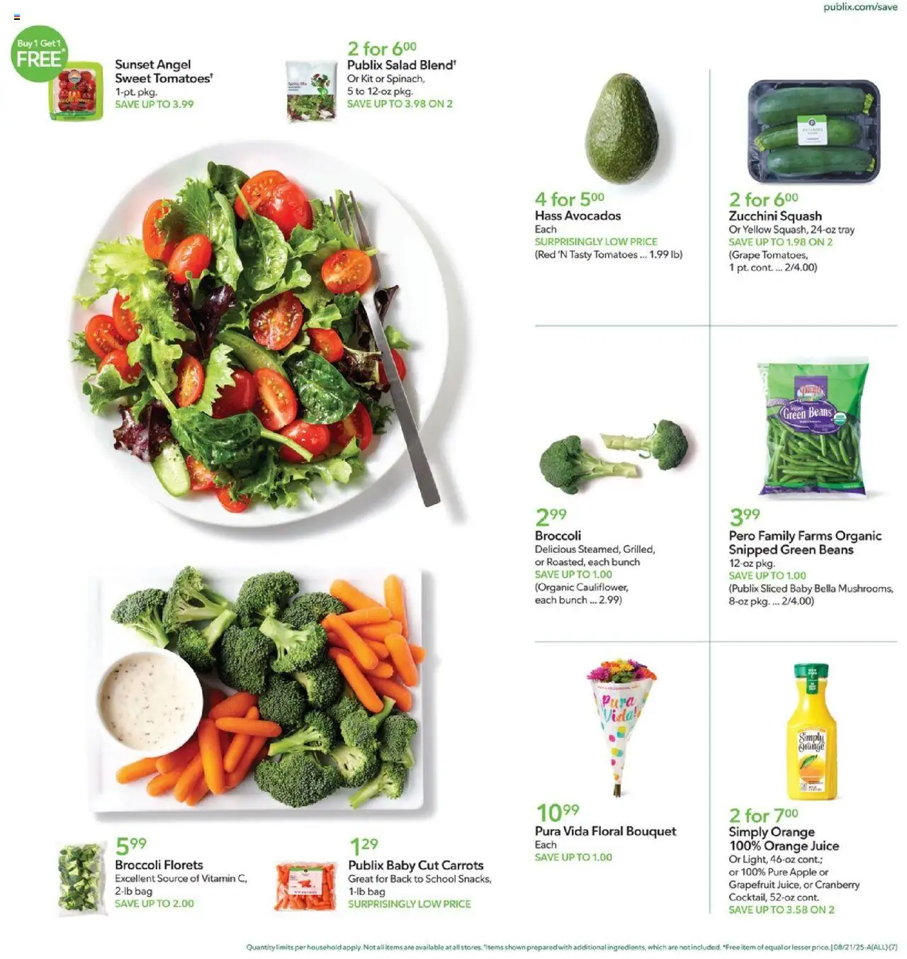 Publix Weekly Ad - valid from 20.08.2025 | Page: 7 | Products: Squash, Juice, Tomatoes, Bag