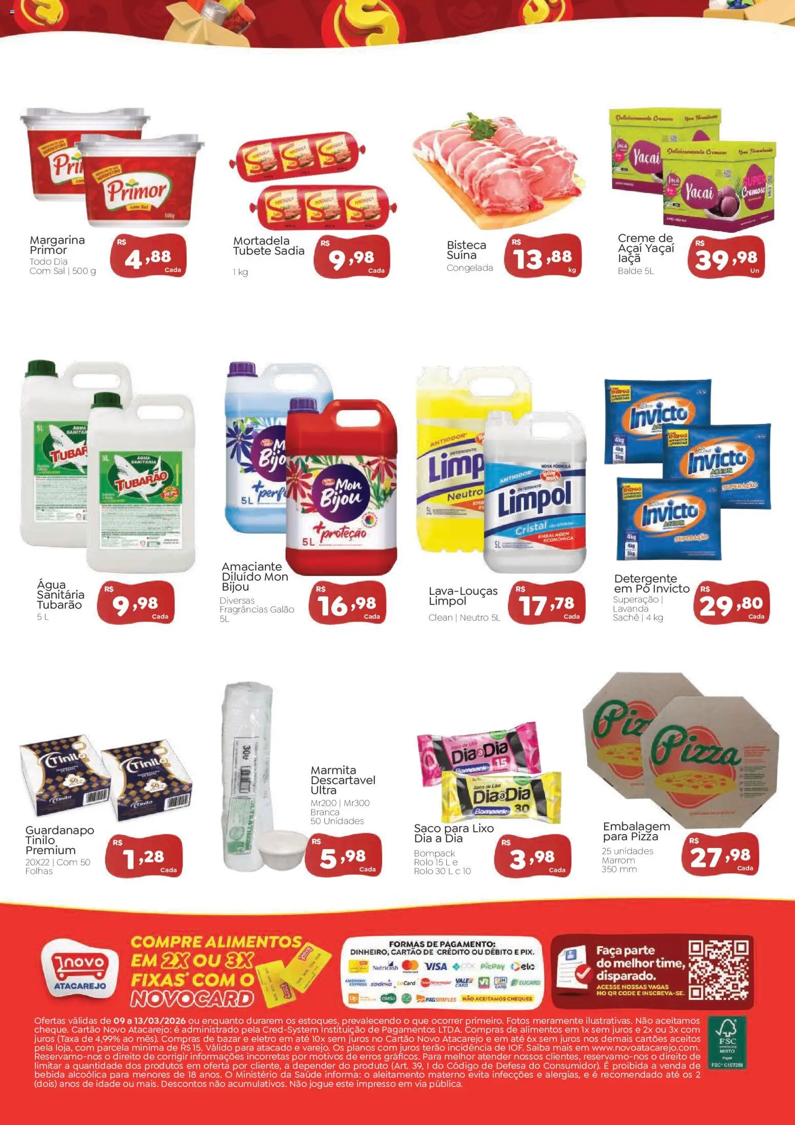 Novo Atacarejo Folheto - válido de 09.03.2026 | Página: 2 | Produtos: Pizza, Bebida, Margarina, Açaí
