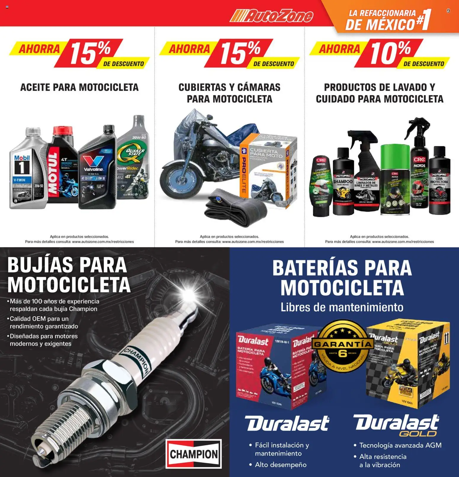 Nuevas ofertas de AutoZone válidas en toda la República Mexicana desde el 08.03.2026. ¡Encuentra las mejores ofertas en AutoZone catálogo! | Página: 9 | Productos: Aceite, Cera, Limpiador, Batería