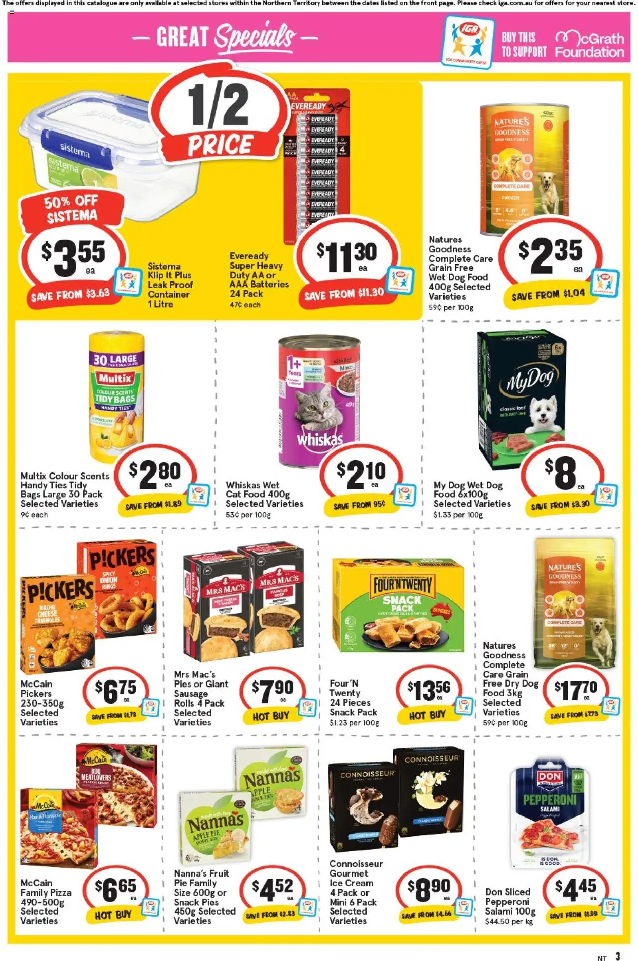 IGA catalogue - valid from 24.09.2025 | Page: 3 | Products: Salami, Pizza, Batteries, Pies