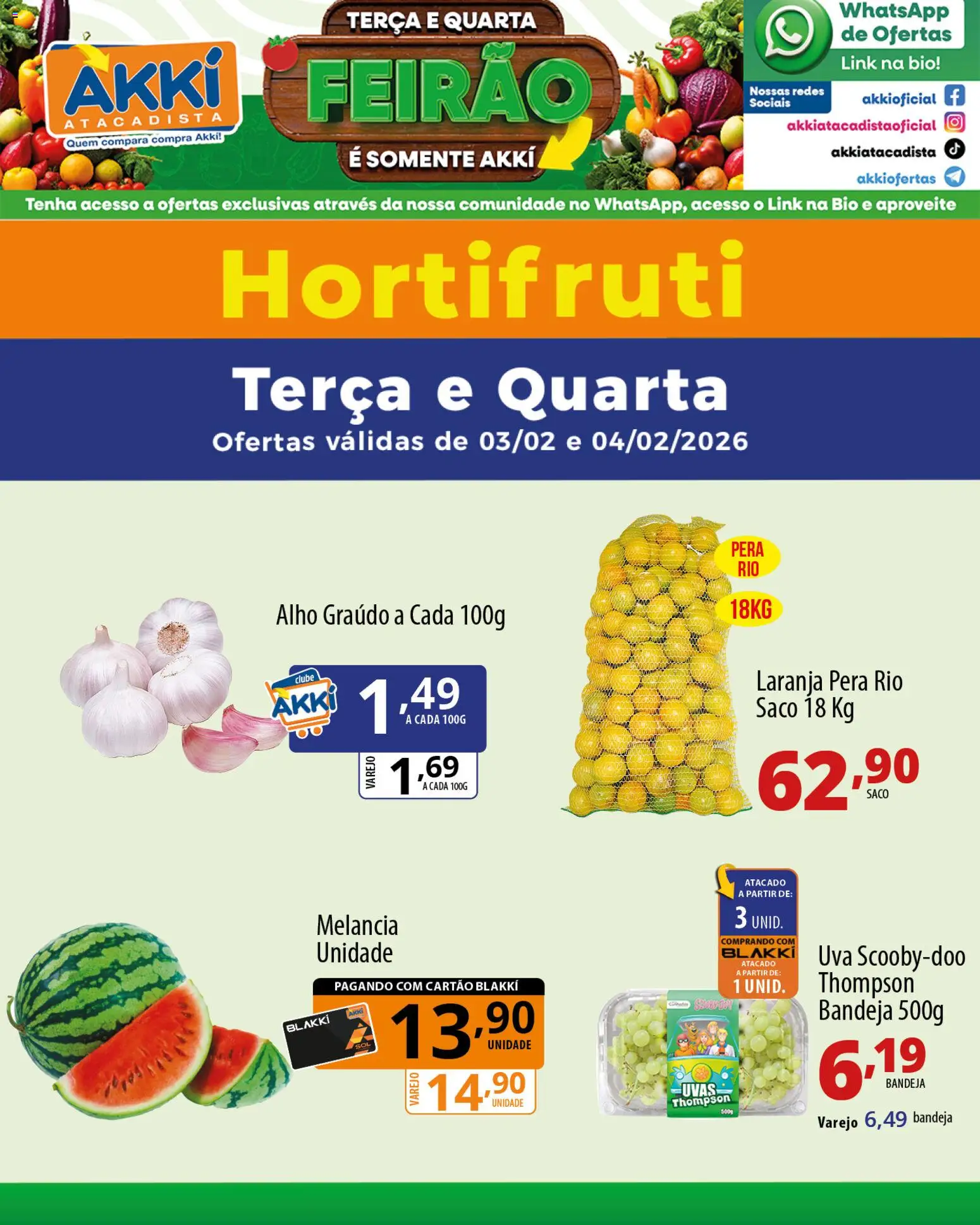 Akki Atacadista Folheto - válido de 03.02.2026 | Página: 1 | Produtos: Pera, Alho, Bandeja, Uvas