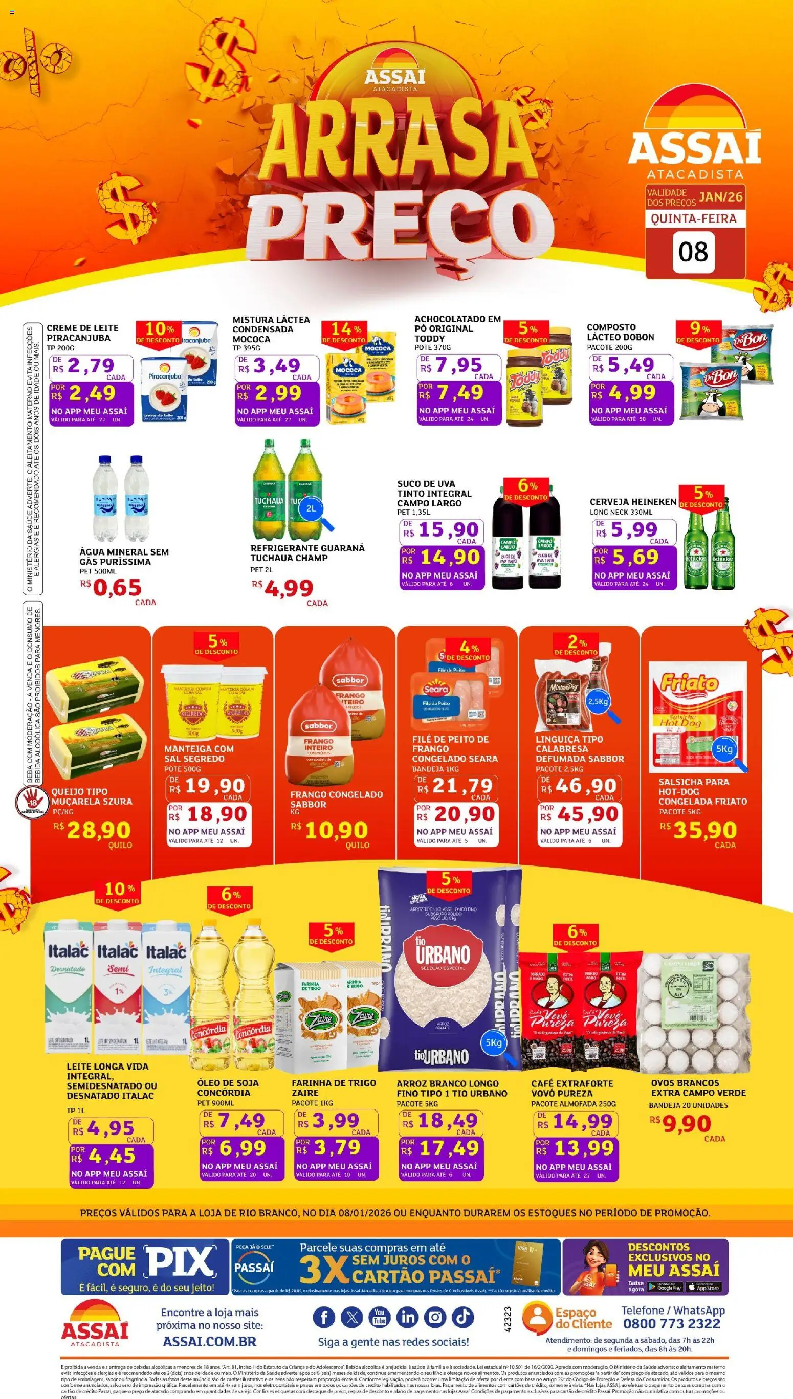 Assaí Atacadista Folheto - válido de 08.01.2026 | Página: 1 | Produtos: Salsicha, Suco, Cerveja, Soja