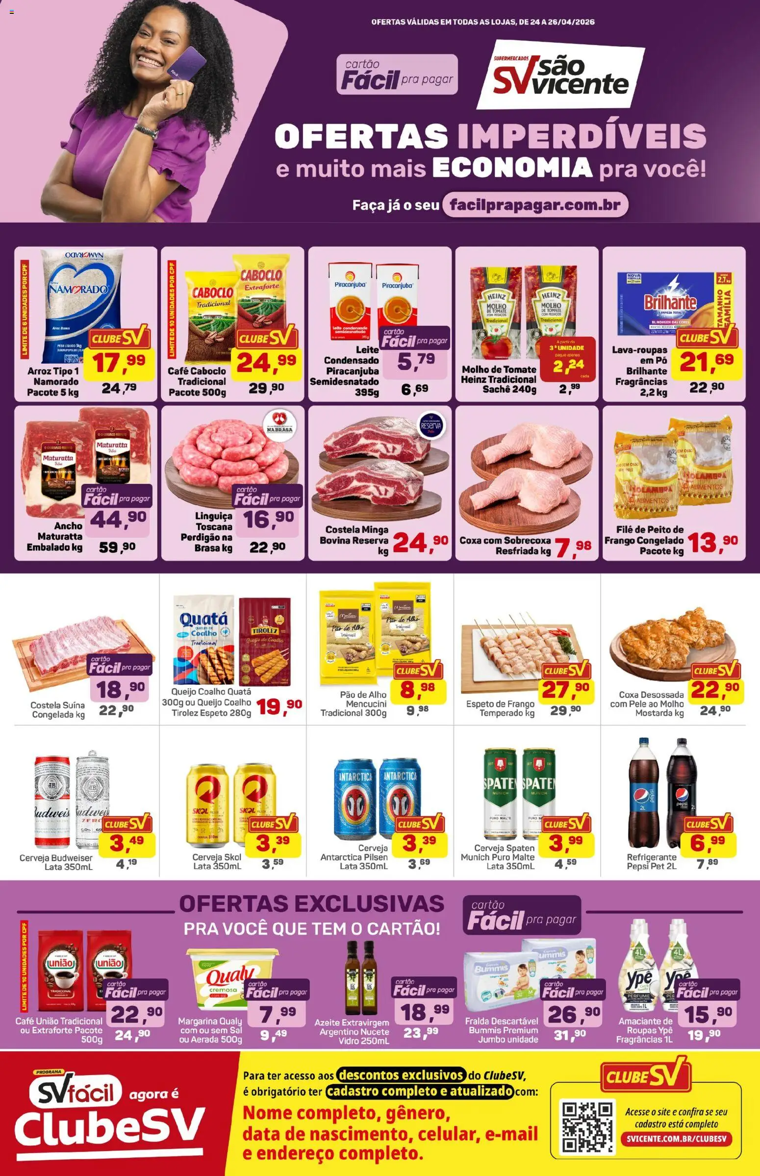 Supermercados São Vicente Folheto - válido de 24.04.2026 | Página: 1 | Produtos: Linguiça, Queijo, Café, Queijo coalho