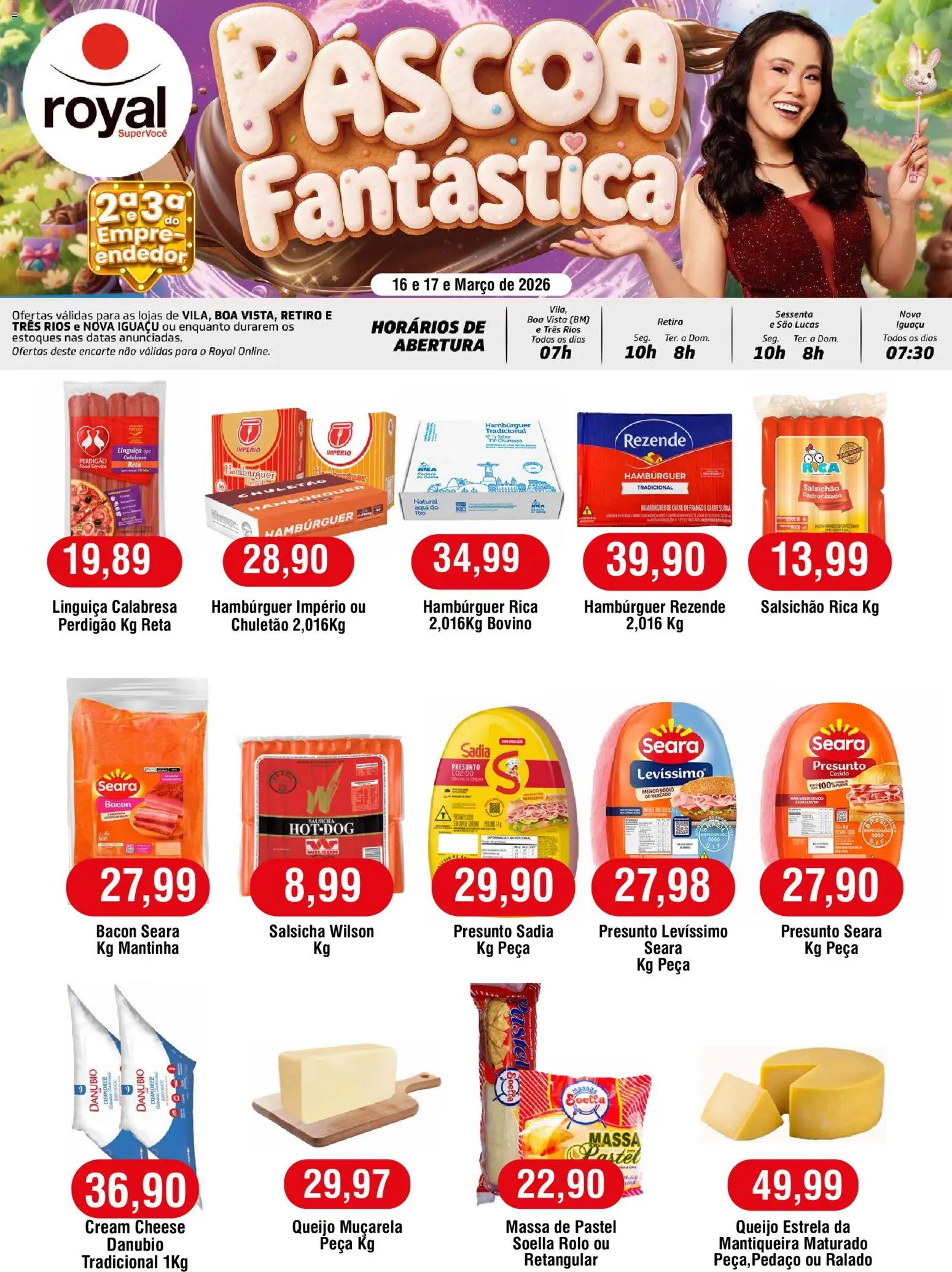 Royal Supermercados Folheto - válido de 16.03.2026 | Página: 1 | Produtos: Muçarela, Cream cheese, Massa, Hambúrguer