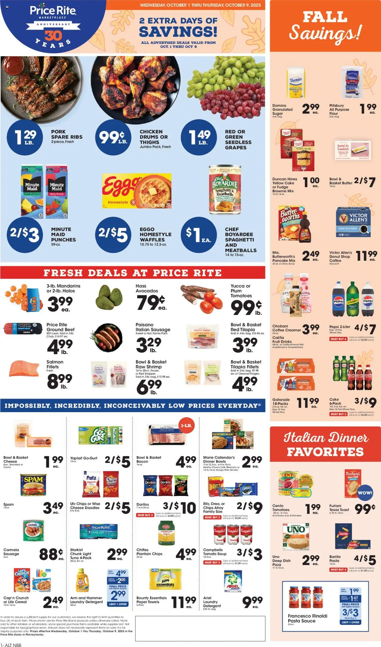 Price Rite Weekly Ad - valid from 01.10.2025 | Page: 1 | Products: Cheese, Pizza, Beef, Grapes