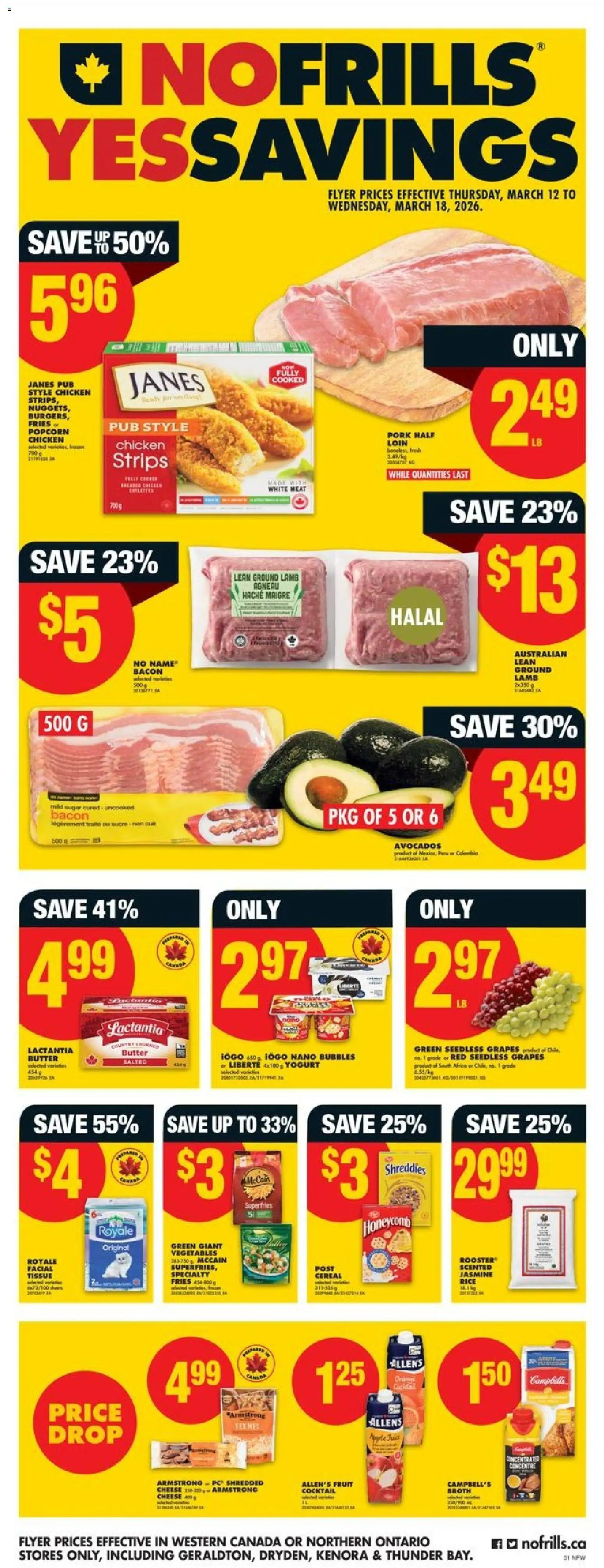 No Frills flyer valid from 12.03.2026 | Page: 1 | Products: Rice, Butter, Cheese, Pork