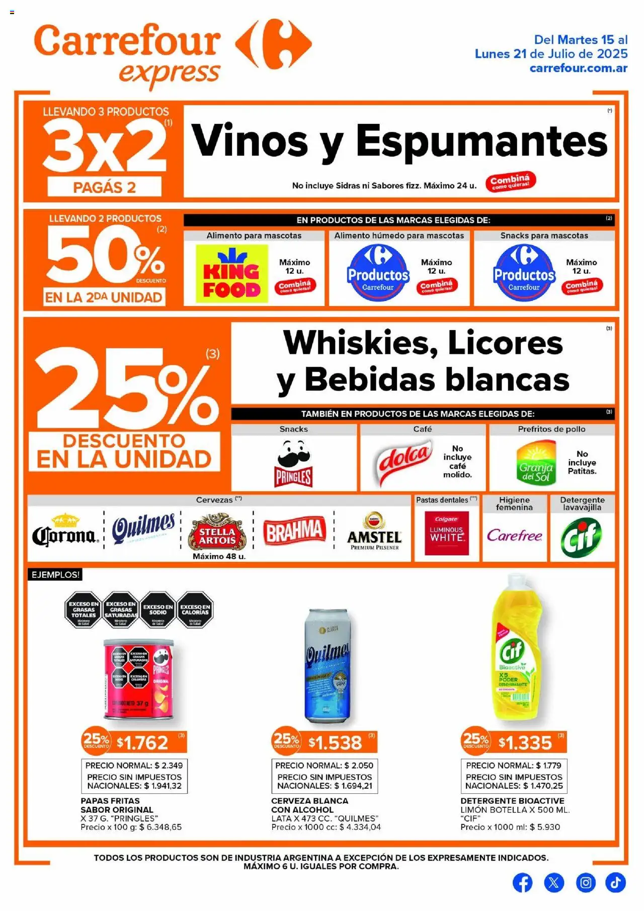 Carrefour ofertas Express │ válido desde el 15.07.2025 | Página: 1 | Productos: Botella, Detergente, Cerveza, Papas fritas