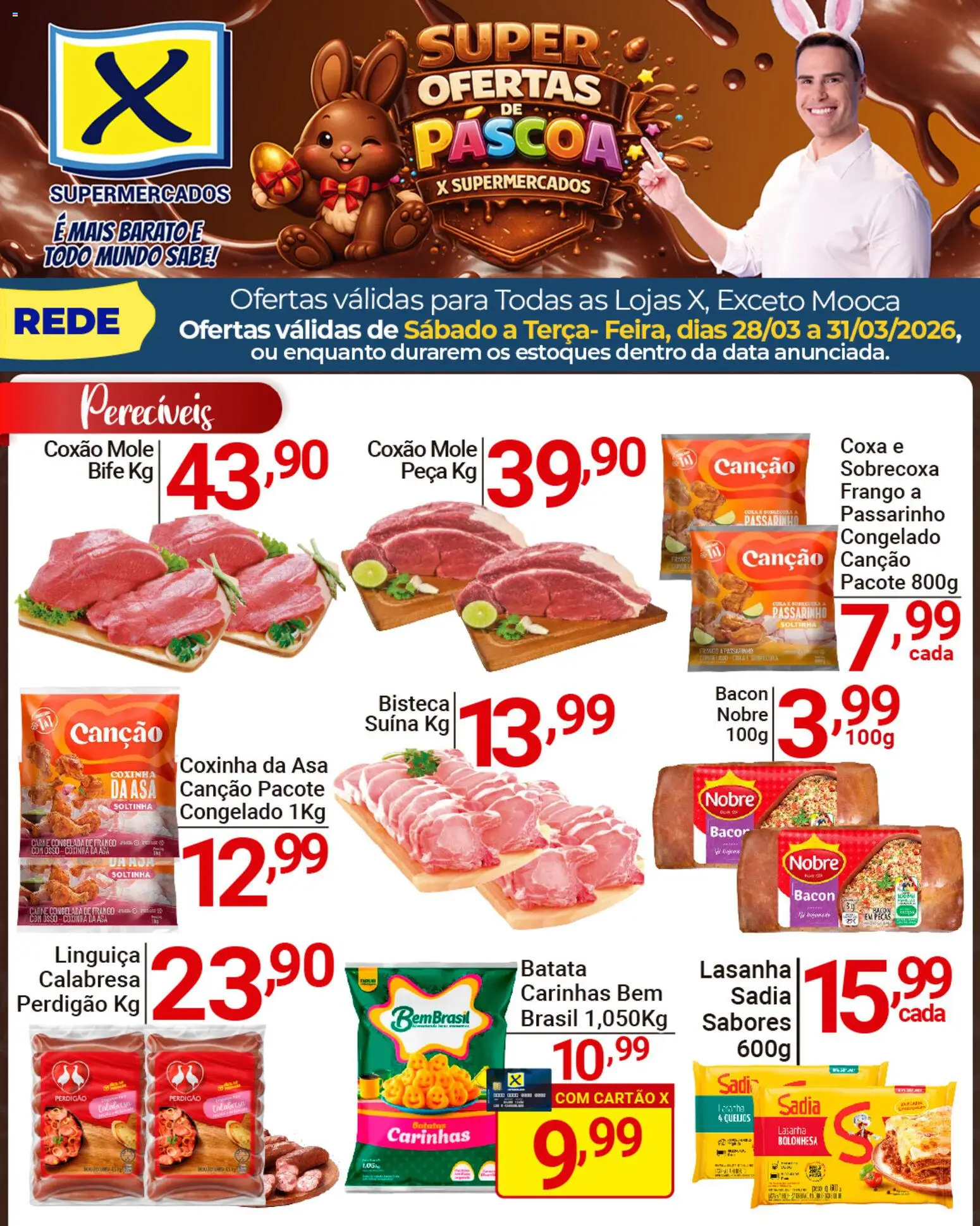 X Supermercados Folheto - válido de 28.03.2026 | Página: 1 | Produtos: Linguiça, Carne, Lasanha, Batata