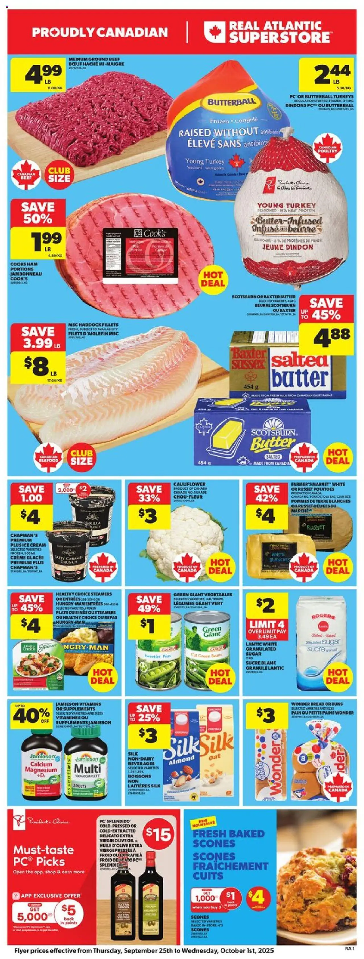 Atlantic Superstore flyer valid from 25.09.2025 | Page: 3 | Products: Beef, Ice cream, Potatoes, Ham
