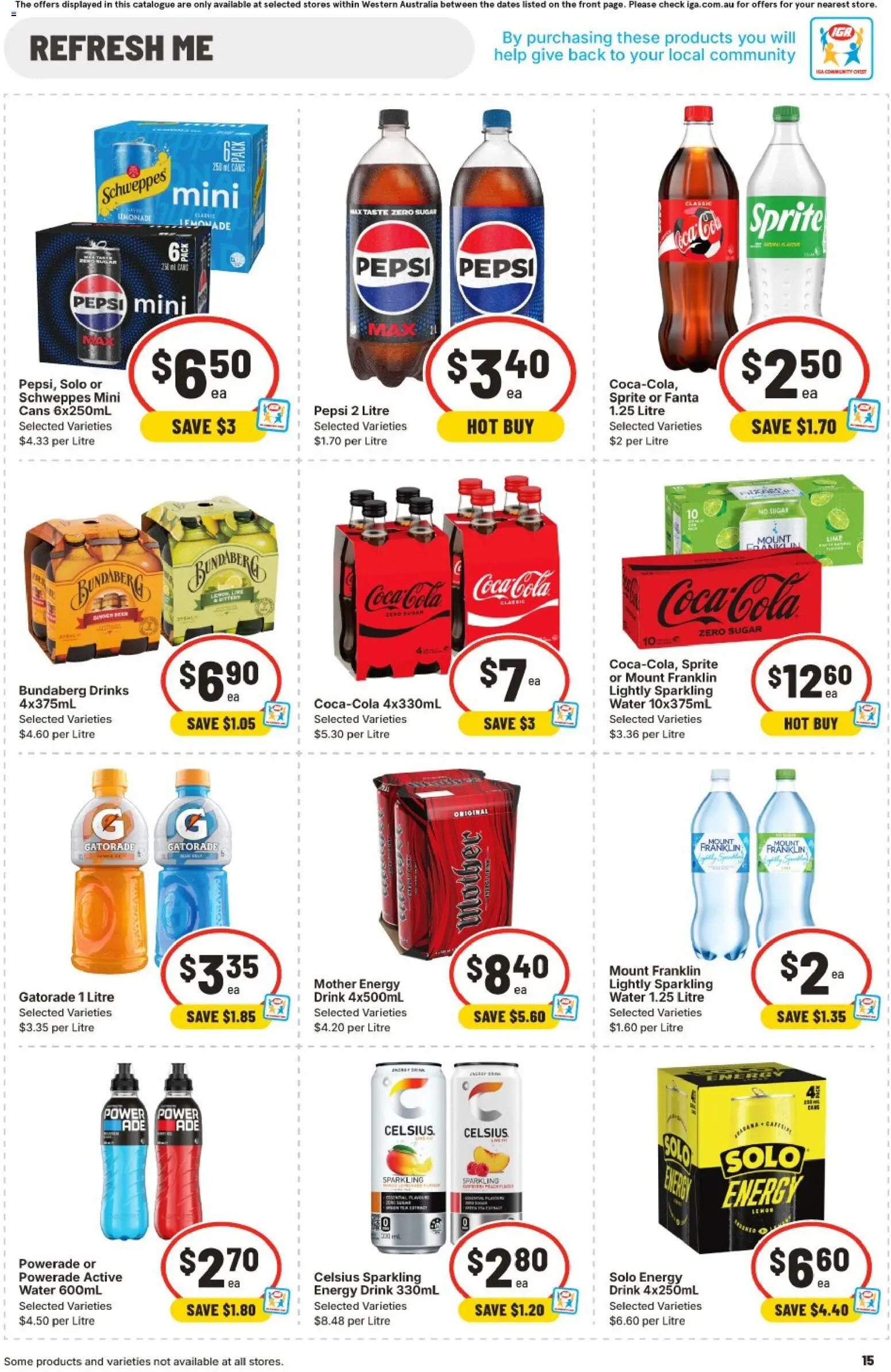 IGA catalogue - valid from 11.03.2026 | Page: 15 | Products: Energy drink, Coca Cola, Pepsi, Water