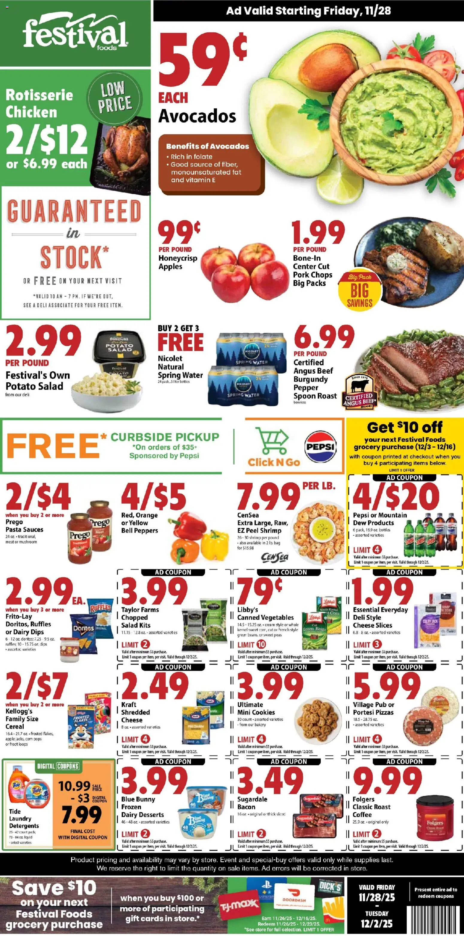 Festival Foods Weekly Ad - valid from 28.11.2025 | Page: 1 | Products: Coffee, Apples, Cookies, Vegetables
