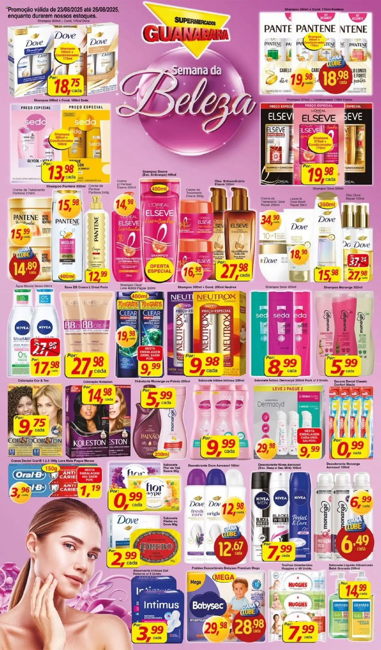 Supermercados Guanabara Folheto - válido de 23.08.2025 | Página: 1 | Produtos: Água micelar, Base, Fraldas, Creme dental