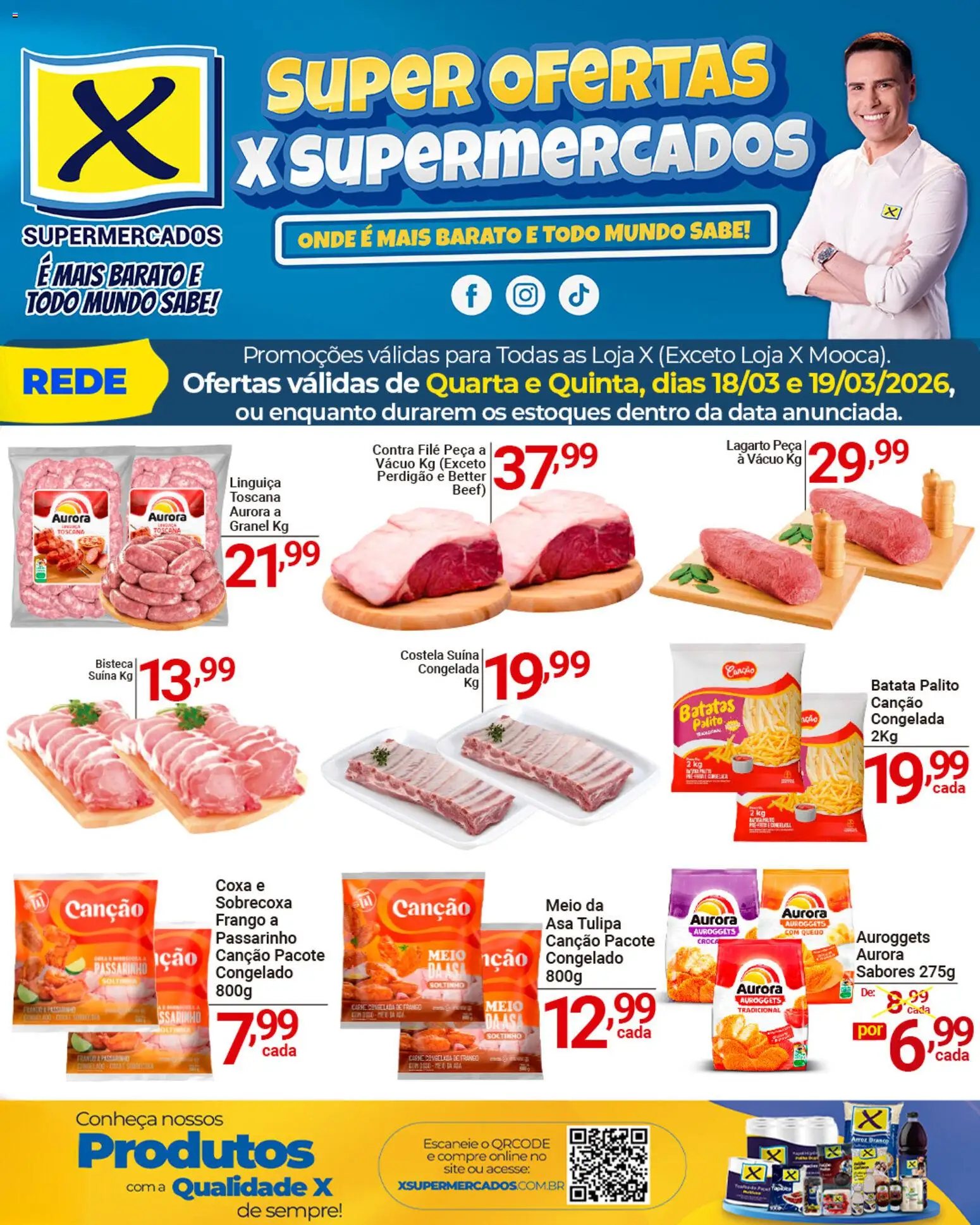 X Supermercados Folheto - válido de 18.03.2026 | Página: 1 | Produtos: Linguiça, Contra filé, Batata, Frango
