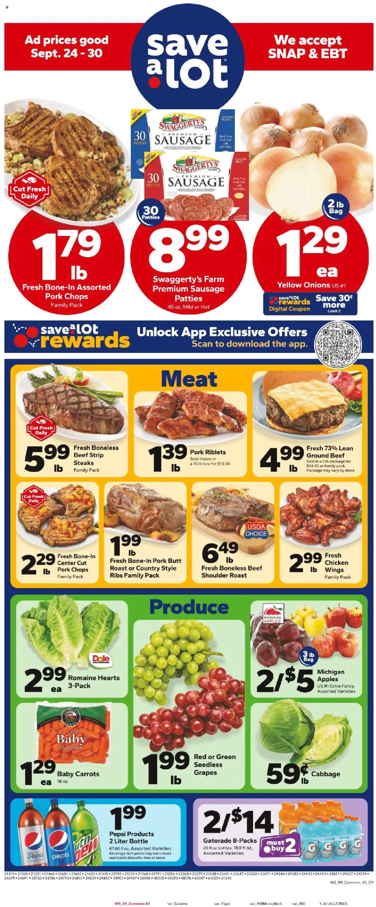 Save a Lot Weekly Ad - valid from 24.09.2025 | Page: 1 | Products: Pork, Apples, Beef, Grapes