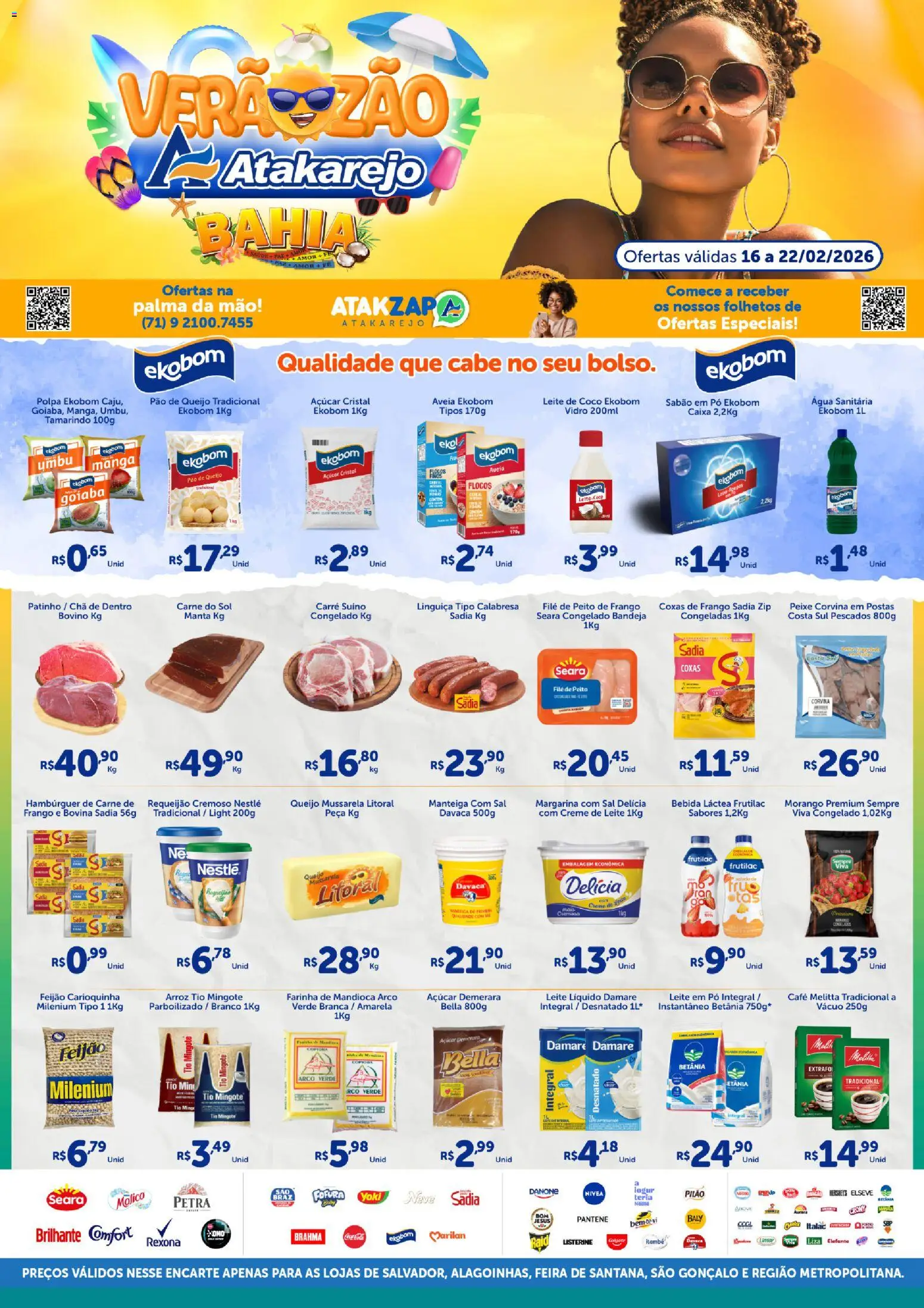 Atakarejo Folheto - válido de 16.02.2026 | Página: 1 | Produtos: Mussarela litoral, Açúcar demerara, Creme, Água sanitária