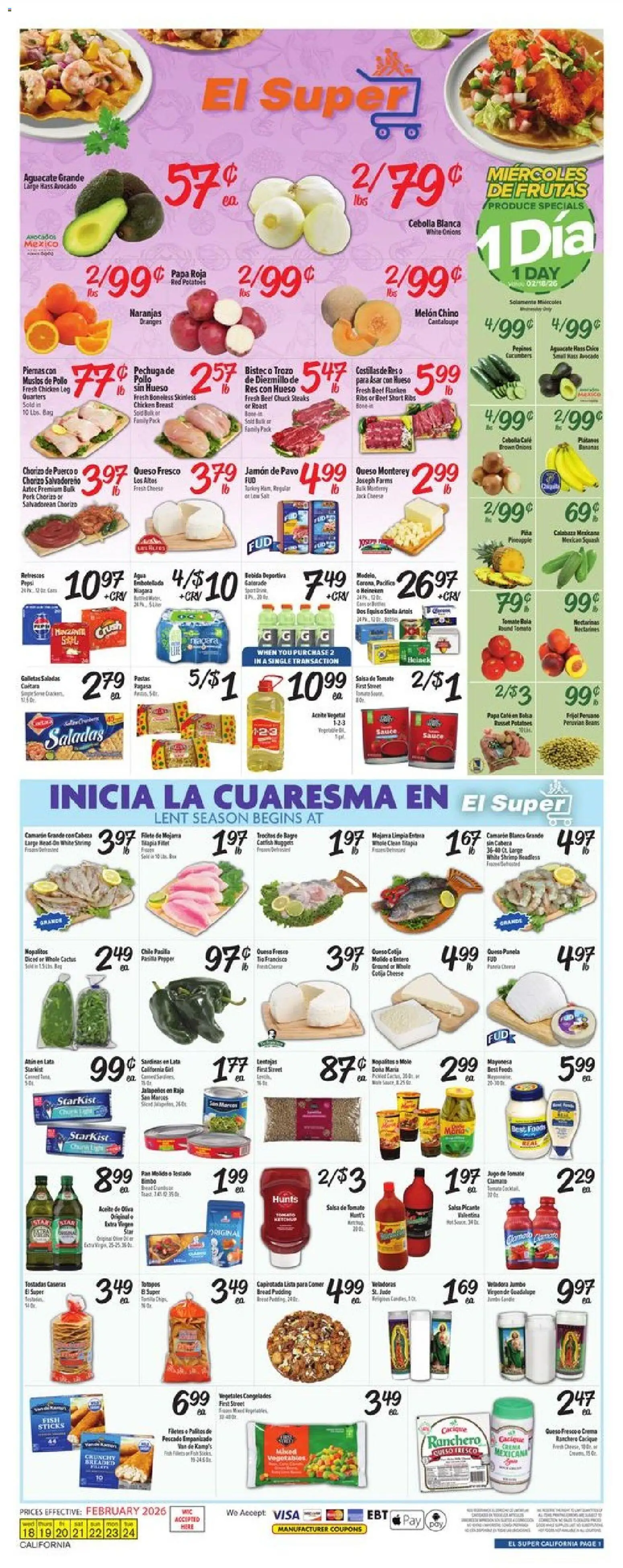 El Super Weekly Ad - CA - valid from 18.02.2026 | Page: 1 | Products: Cheese, Bread, Oranges, Melon