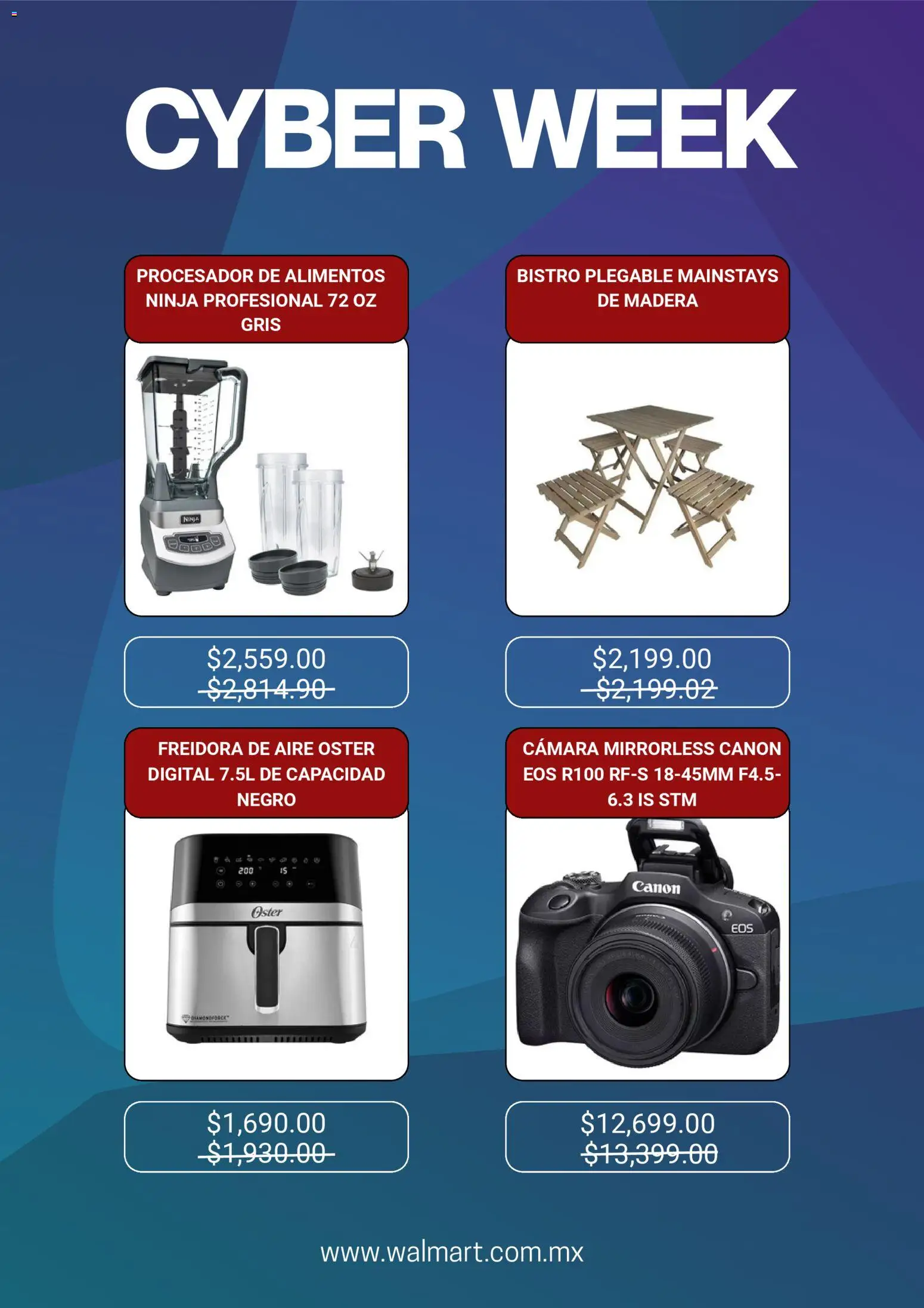 Nuevas ofertas de Walmart válidas en toda la República Mexicana desde el 25.11.2025. ¡Encuentra las mejores ofertas en Walmart Cyber Monday! | Página: 4 | Productos: Freidora de aire, Procesador de alimentos, Cámara, Freidora