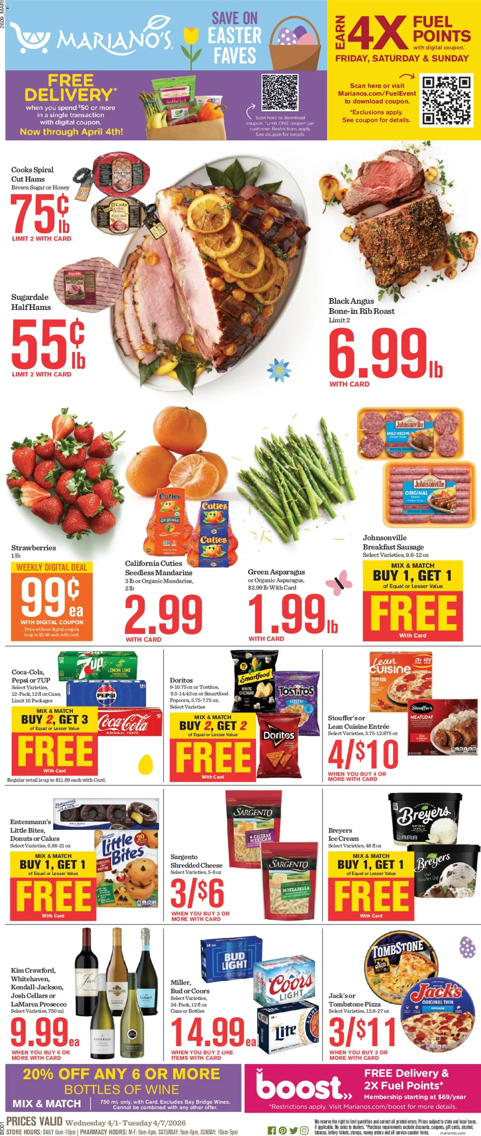 Mariano's Weekly Ad - valid from 01.04.2026 | Page: 1 | Products: Mandarins, Chocolate, Pizza, Lime