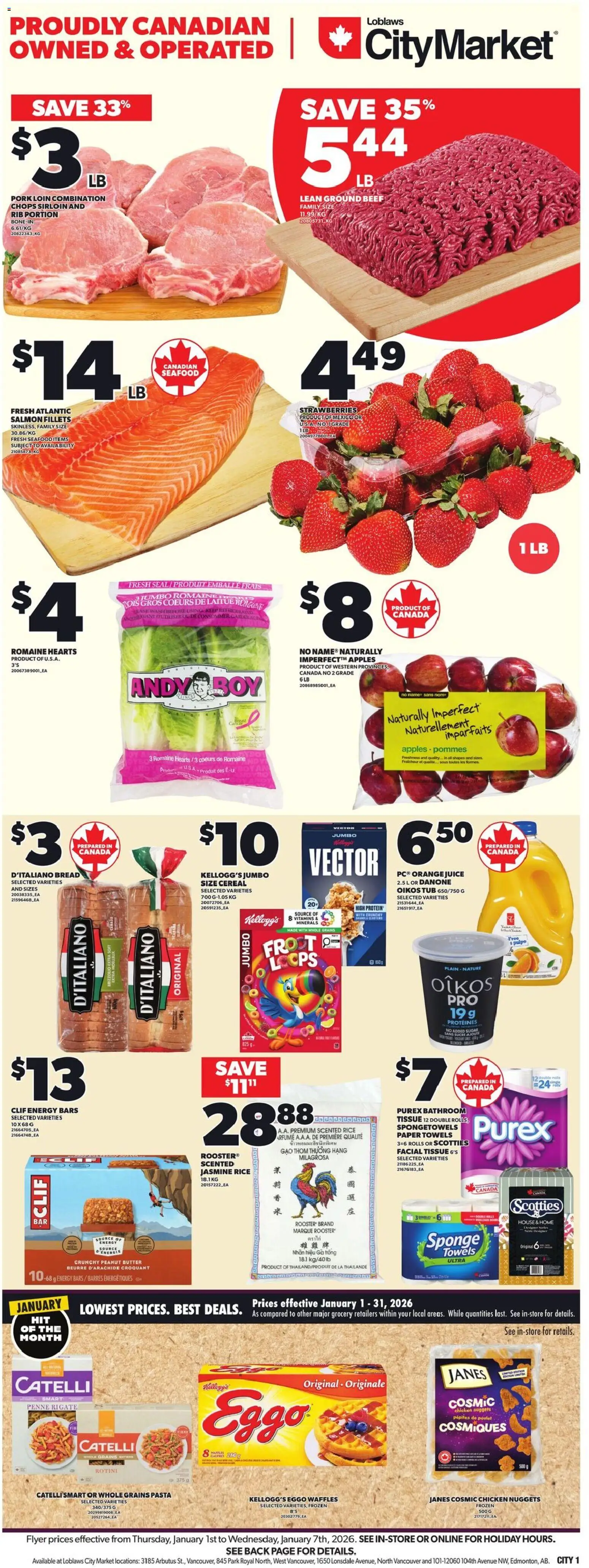 Loblaws flyer valid from 01.01.2026 | Page: 3 | Products: Strawberries, Bread, Chicken, Apples