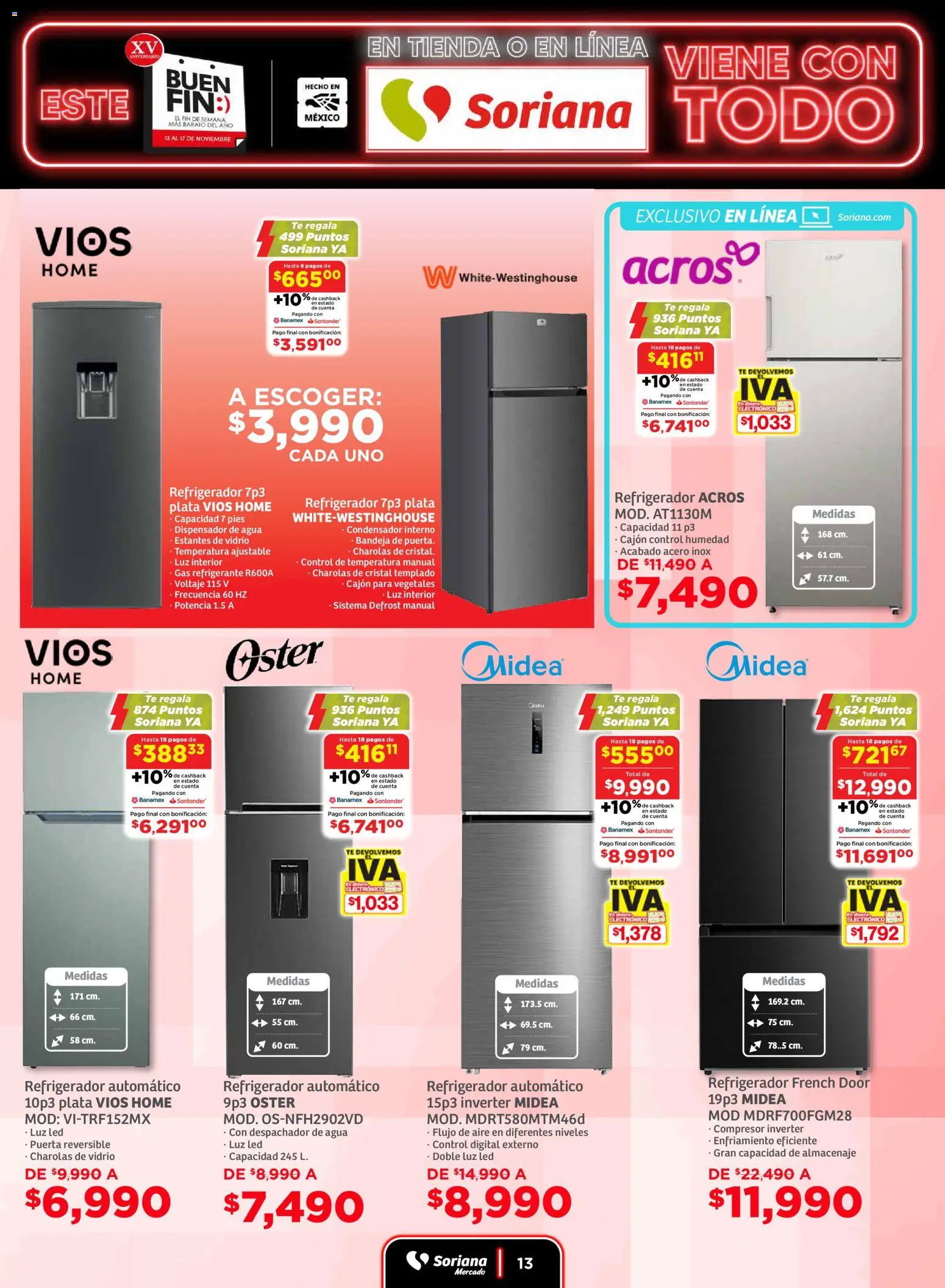 Nuevas ofertas de Soriana válidas en toda la República Mexicana desde el 13.11.2025. ¡Encuentra las mejores ofertas en Soriana - Buen Fin Mercado Nacional! | Página: 13 | Productos: Refrigerador, Bandeja, Agua, Estantes